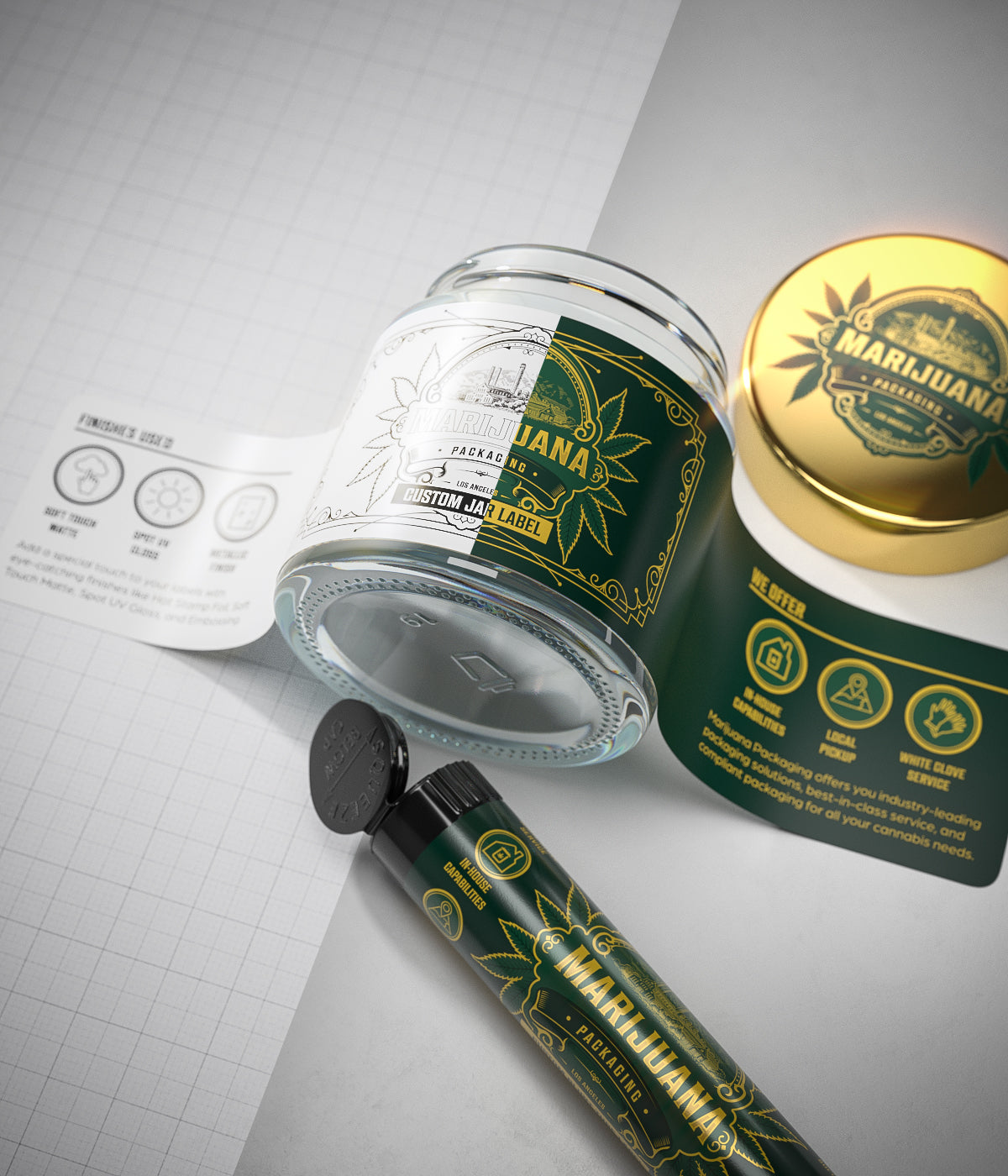 Custom branded labeled cannabis jar with tin container and pre-roll joint tube on white background