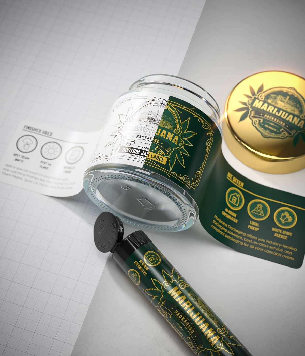 Custom branded labeled cannabis jar with gold lid and pre-roll joint tube with custom label.
