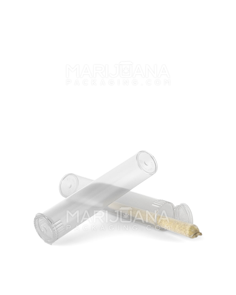 Two Clear plastic pop top pre-roll tubes stacked with a pre-roll in one.