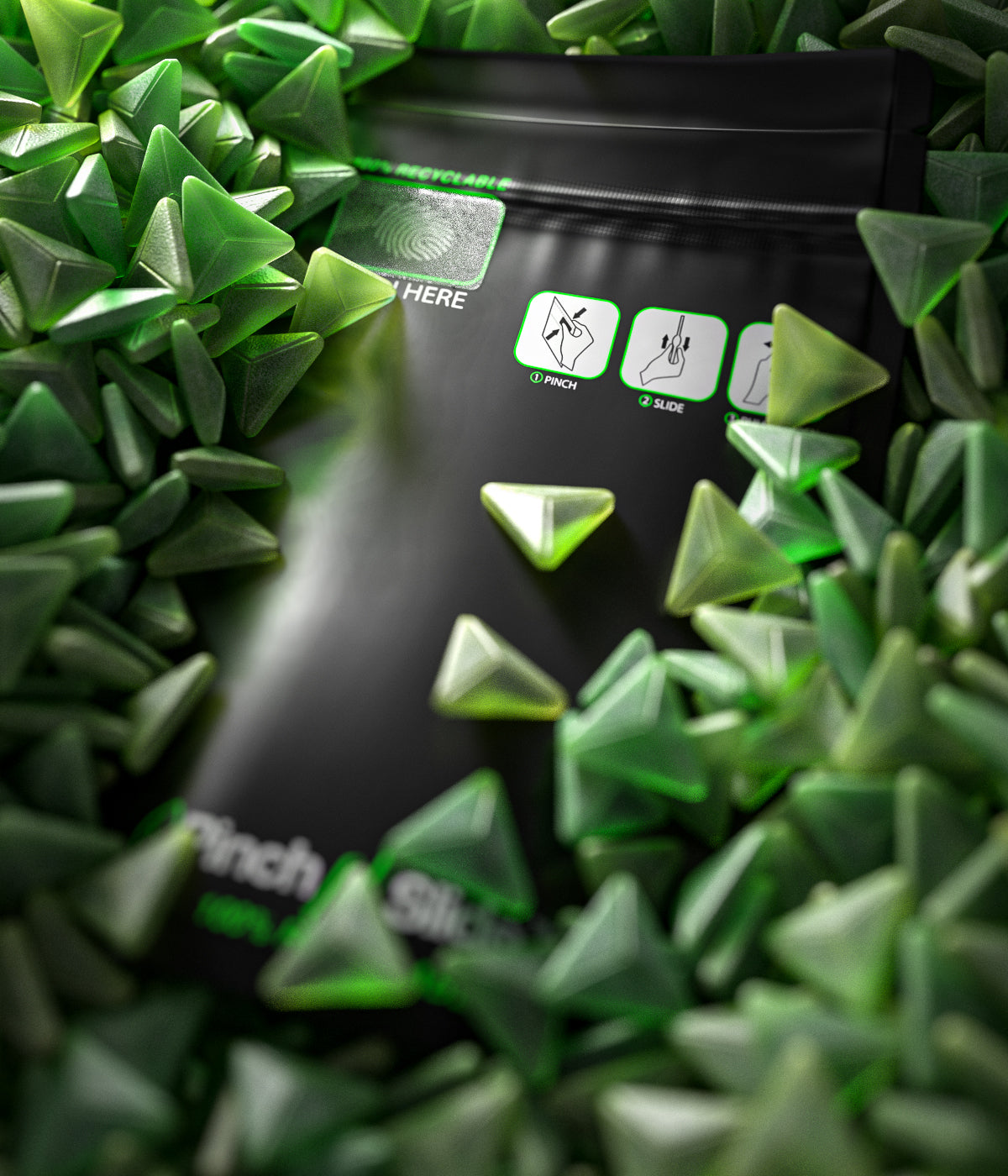 Matte-black child-resistant mylar bag covered in green triangular cannabis edibles