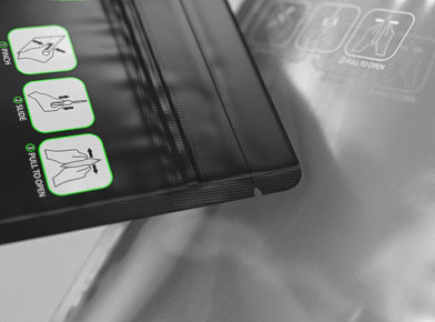 Two mylar bags on light gray background zoomed in