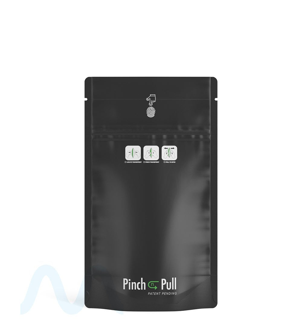 Child Resistant & Tamper Evident Pinch N Pull Matte Black PCR Mylar Bags | 4in x 7in - 7g | Sample