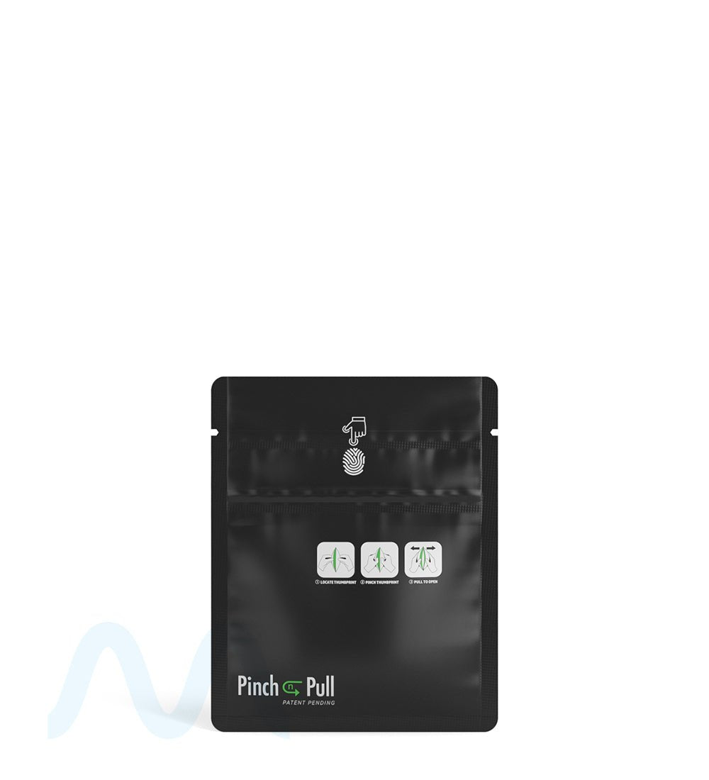Child Resistant & Tamper Evident Pinch N Pull Matte Black Vista PCR Mylar Bags | 3.6in x 4.5in - 1g | Sample