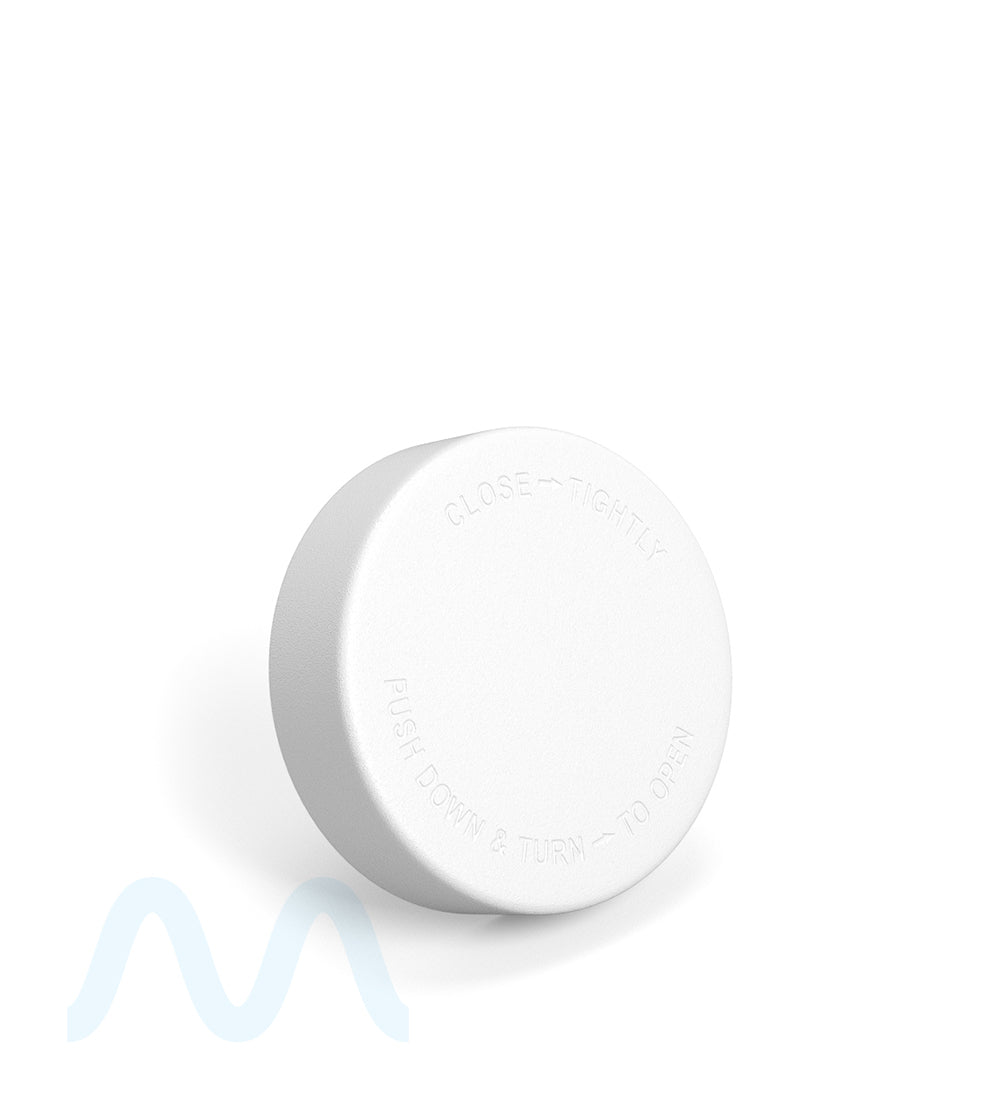 Child Resistant Smooth Push Down & Turn Plastic PCR Caps w/ Text & Foam Liner | 50mm - Matte White | Sample