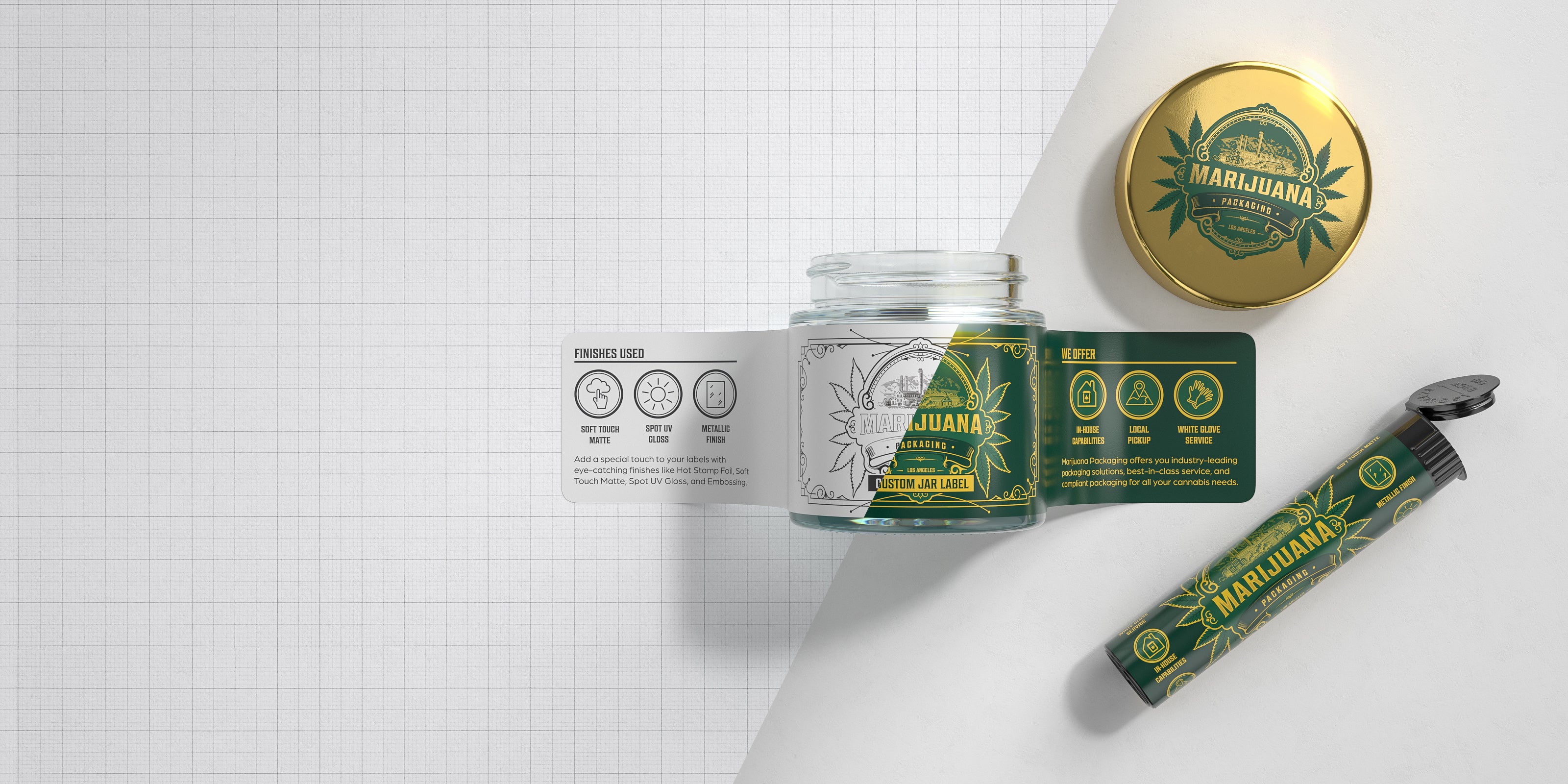 Custom branded labeled cannabis jar with tin container and pre-roll joint tube on white background