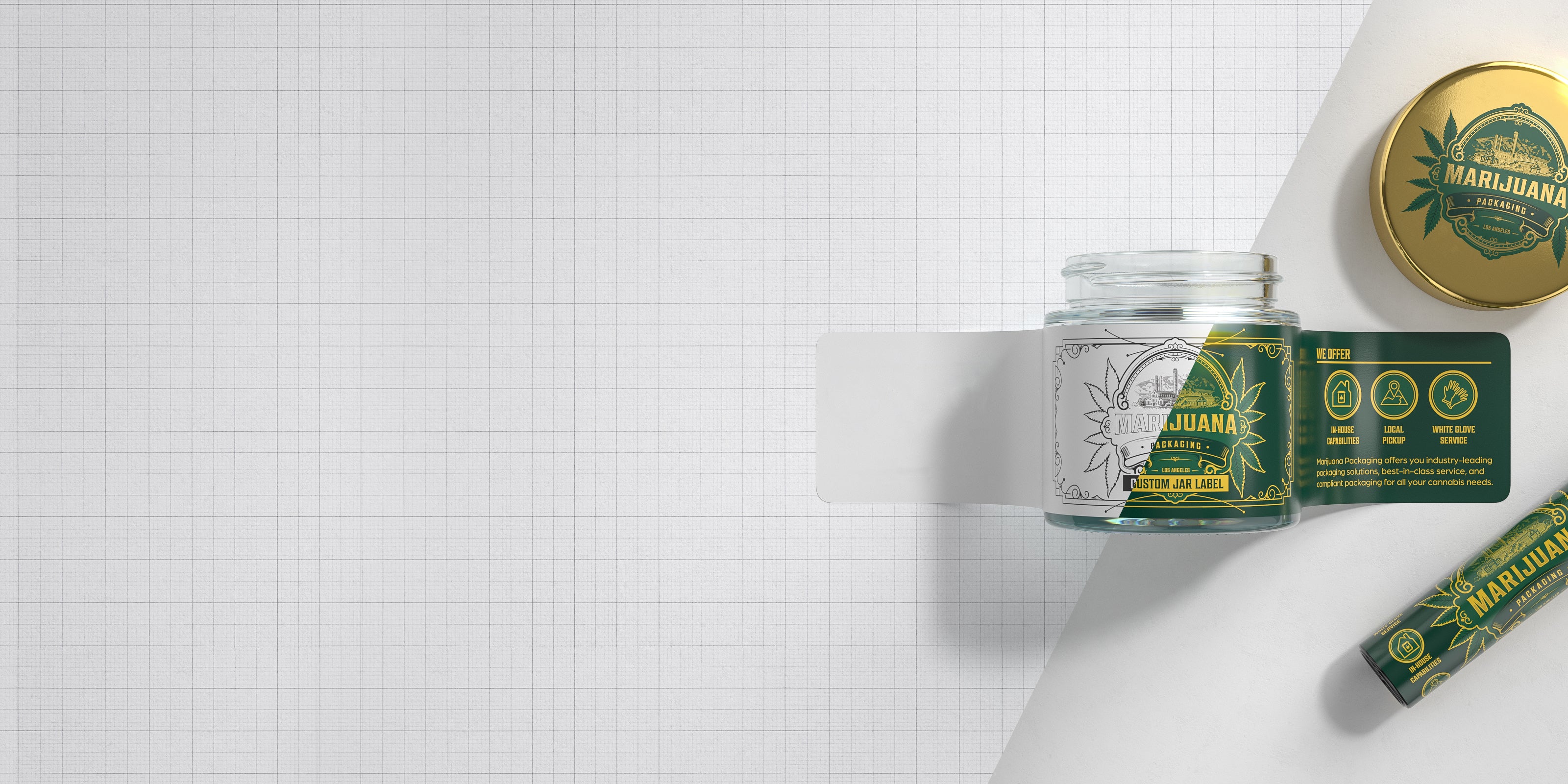 Grid background showing the design before and after with color printing labels and direct printing on the jar lid.