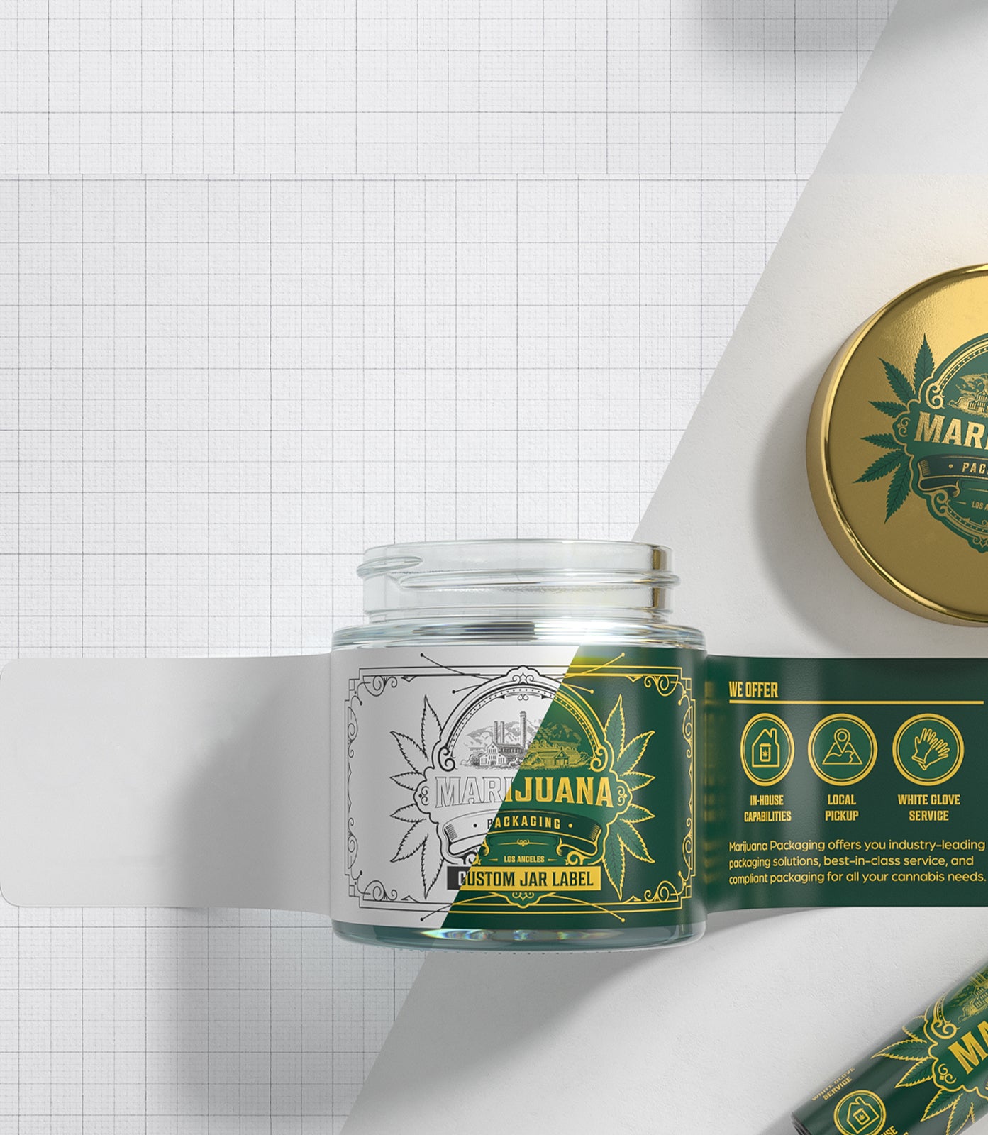 Grid background showing the design before and after with color printing labels and direct printing on the jar lid.