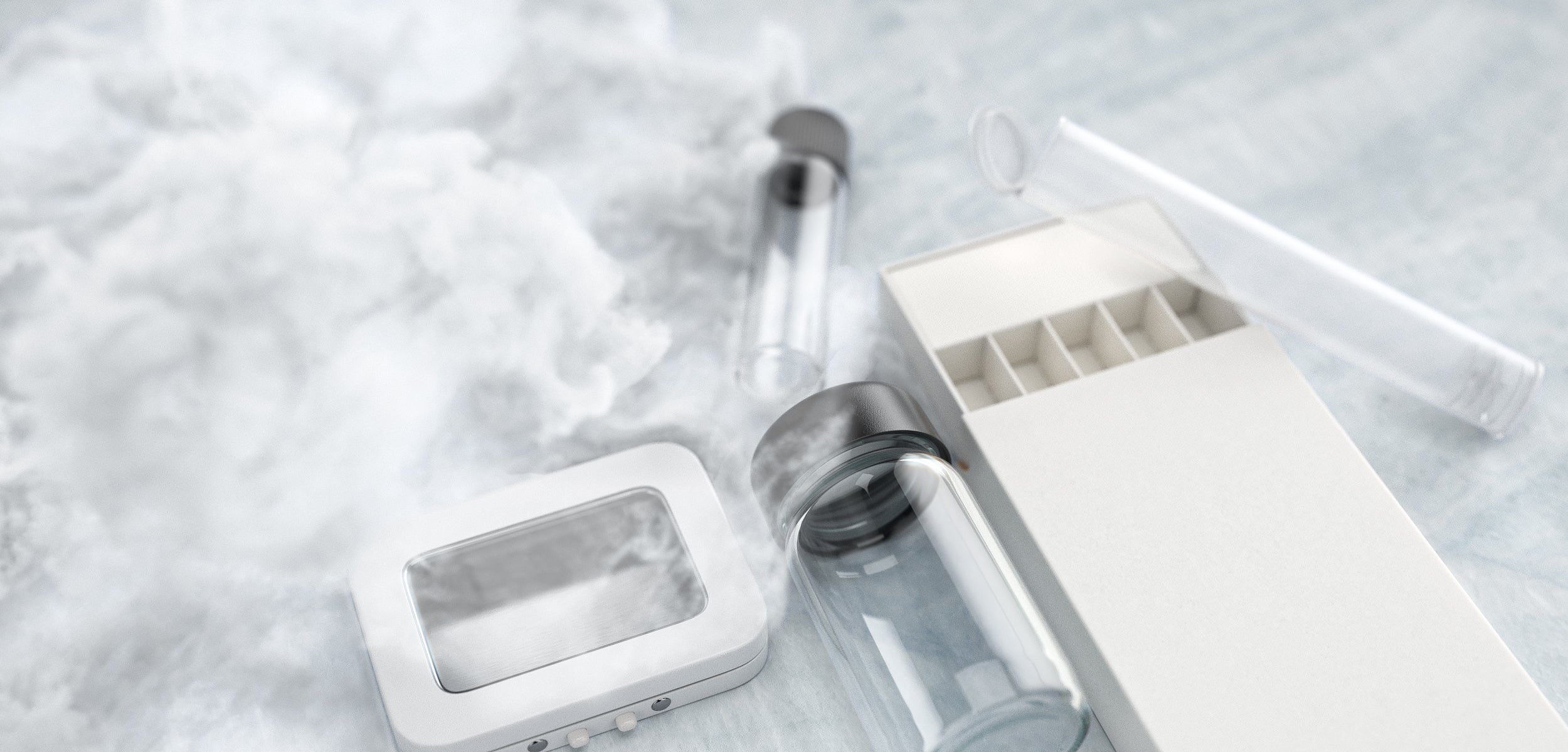 Variety of pre-roll packaging products on white cloudy background