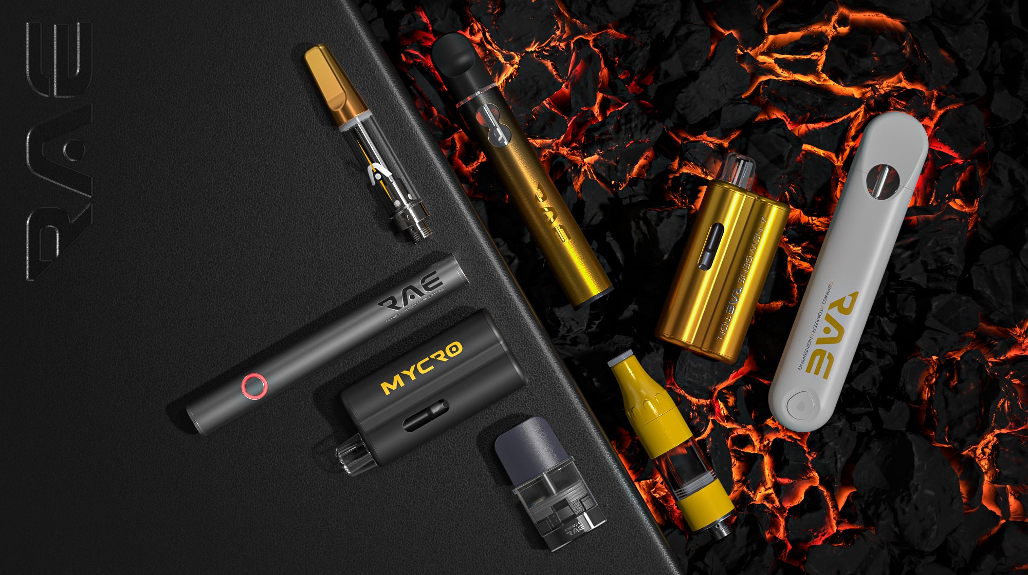 Variety of custom branded RAE brand vape hardware on black surface and hot coal