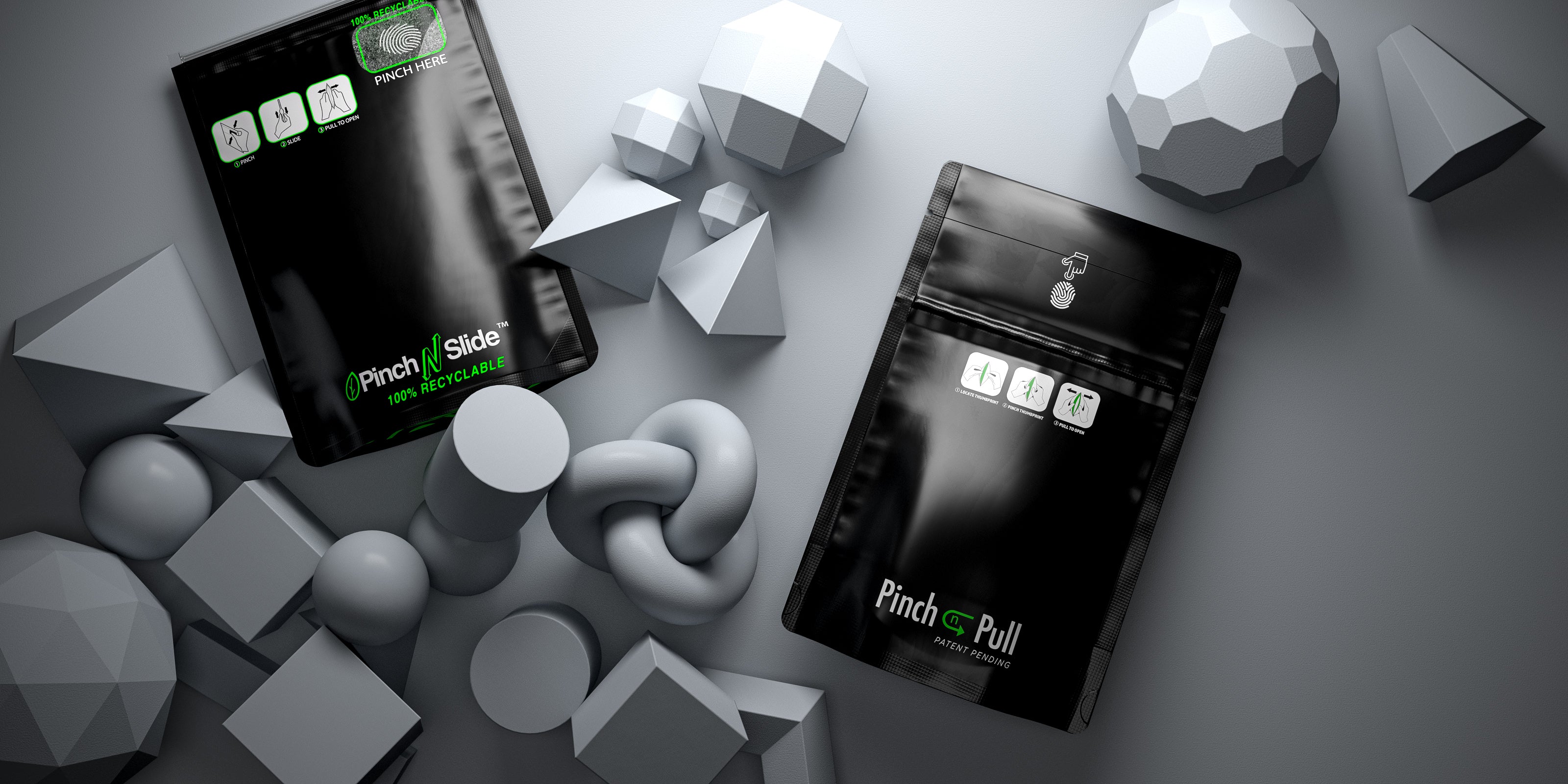 Matte black child-resistant cannabis mylar bags with variety of abstract 3D shapes on gray background