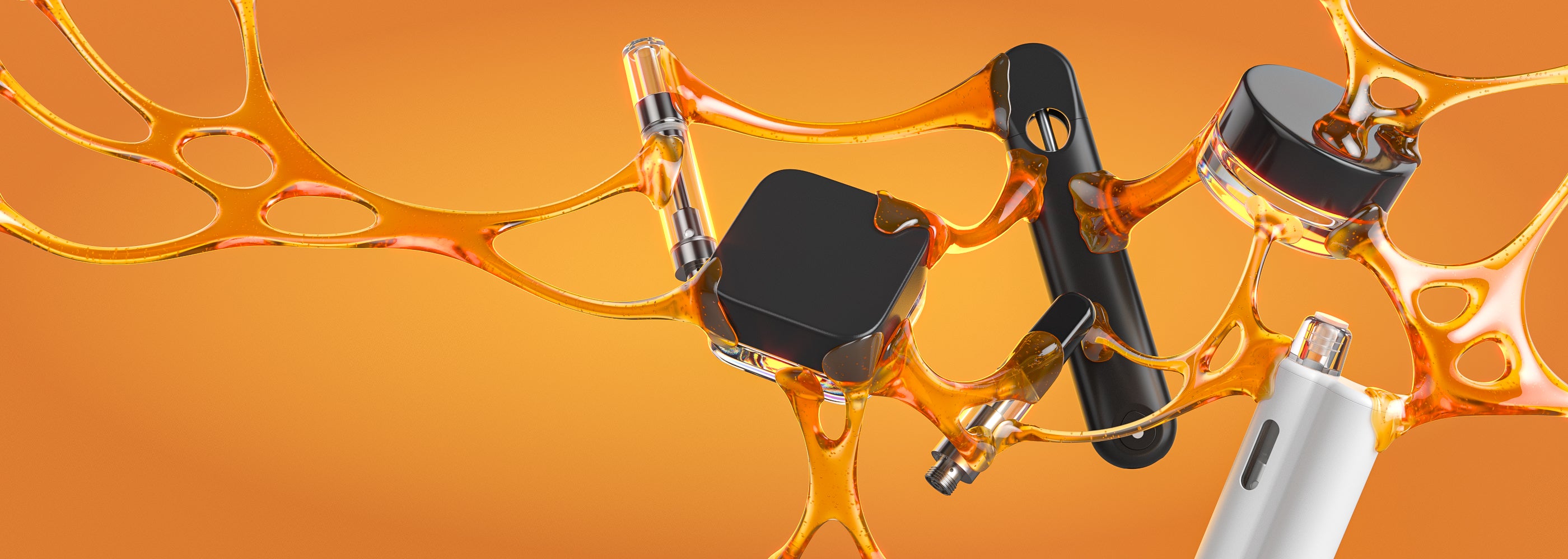 Child-resistant glass concentrate jars and vape hardware connected by oil on orange background