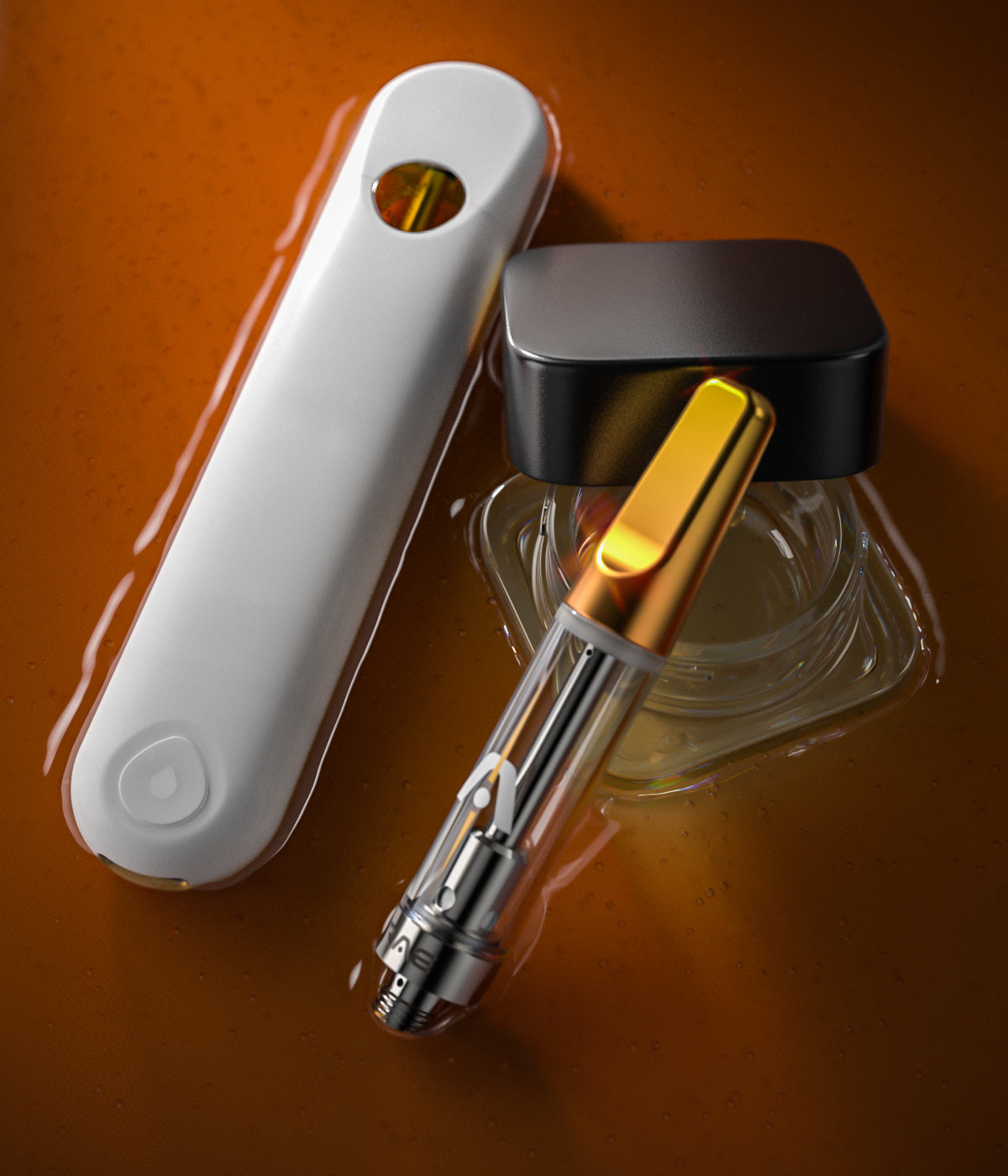 Child-resistant glass concentrate jar and vape hardware on orange background