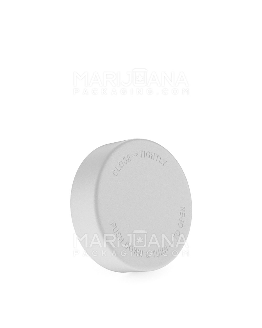 Child Resistant Smooth Push Down & Turn Plastic Caps w/ Text & Foam Liner | 50mm - Matte White | Sample