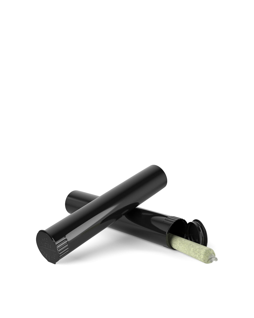 Black cylindrical tube container with a squeezetop lid filled with a pre-roll.