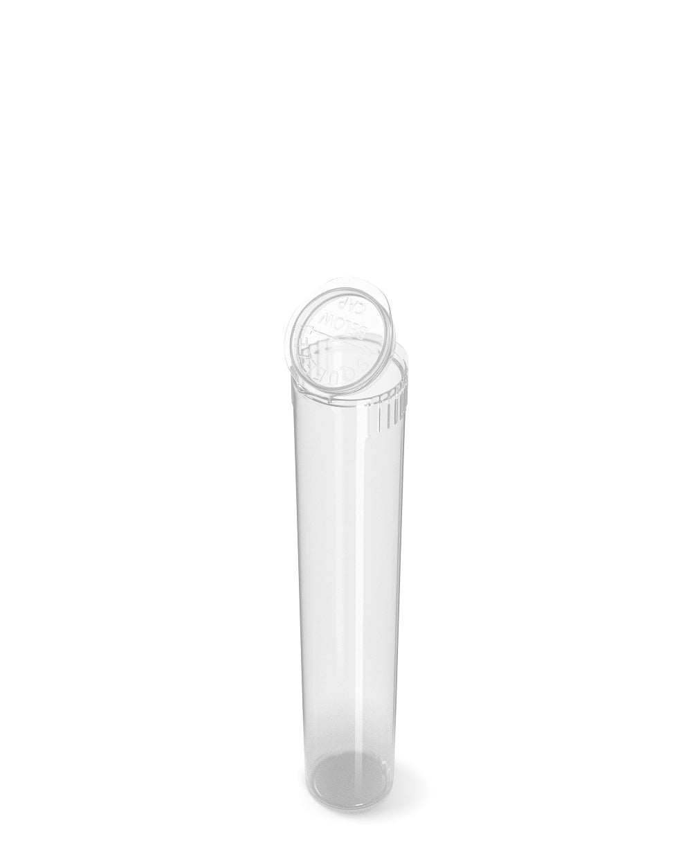 Clear plastic pre-roll tube with squeeze pop top showing lid.