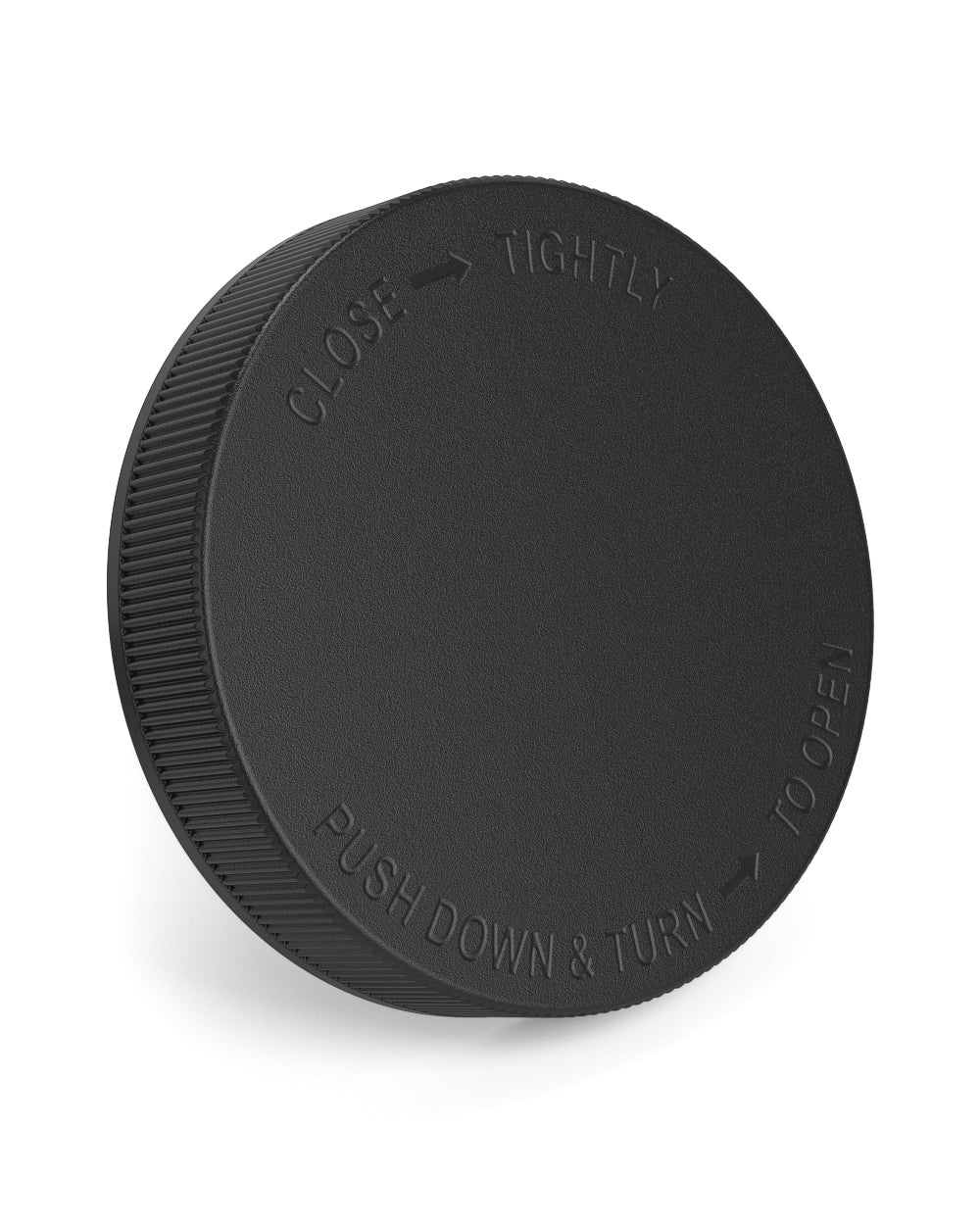 Child Resistant | Ribbed Push Down & Turn Plastic Caps | 89mm - Semi Gloss Black - 205 Count