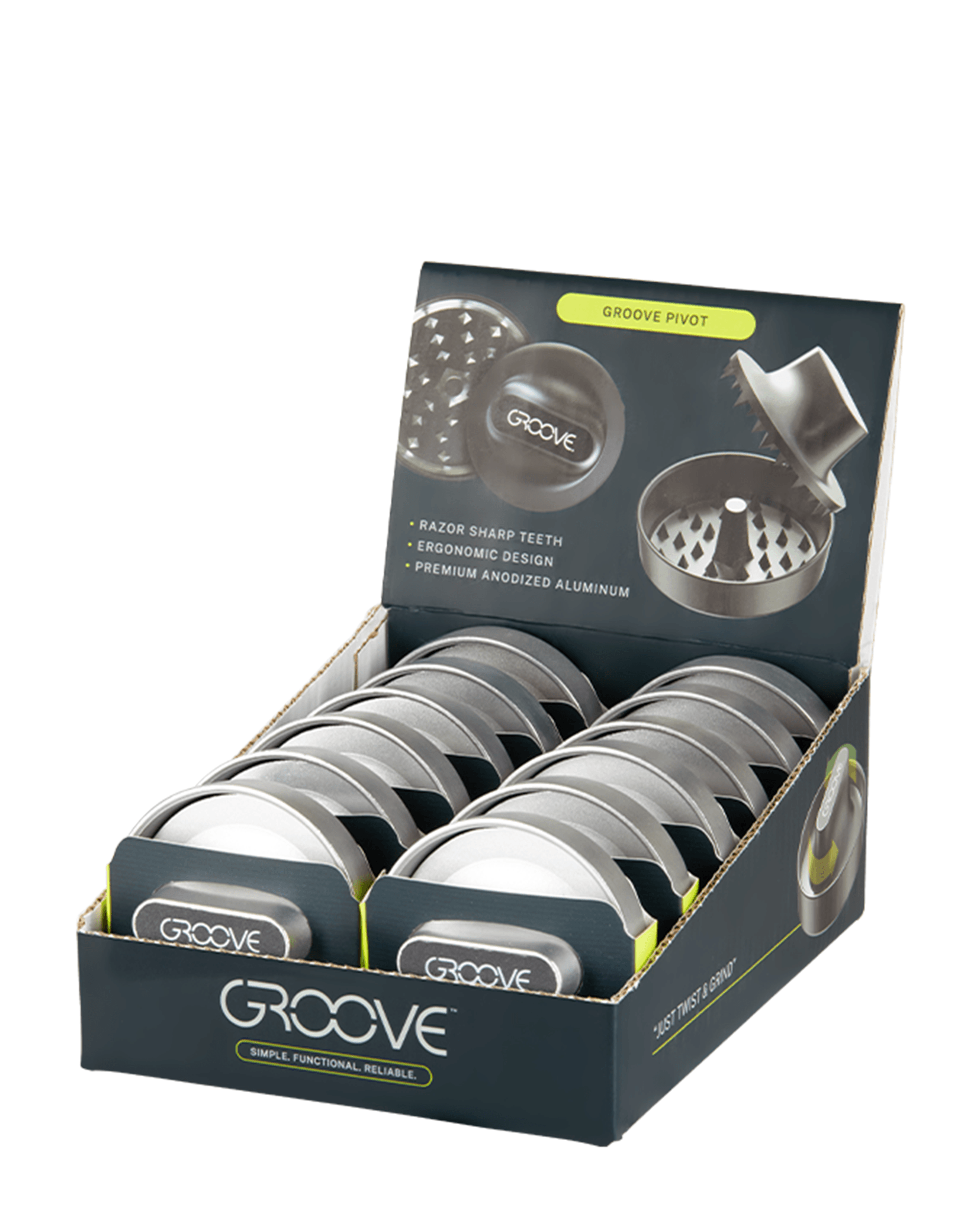 Groove | 'Retail Display' Pivot Aluminum Silver Grinder w/ Knob Grip | 2 Piece - 50mm - 12 Count - 3