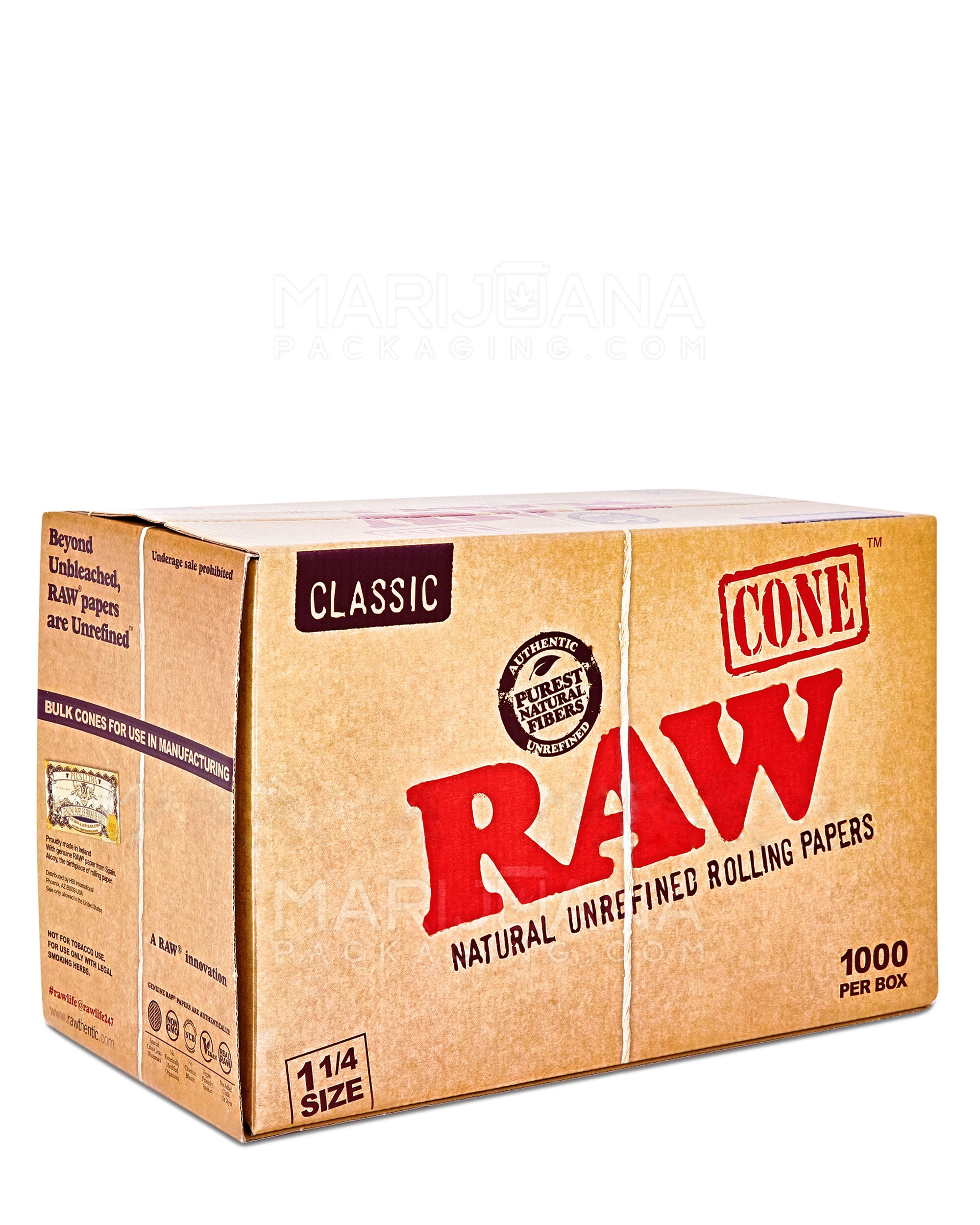 RAW | Classic 1 1/4 Size Pre-Rolled Cones | 84mm - Unbleached Paper - 1000 Count - 1
