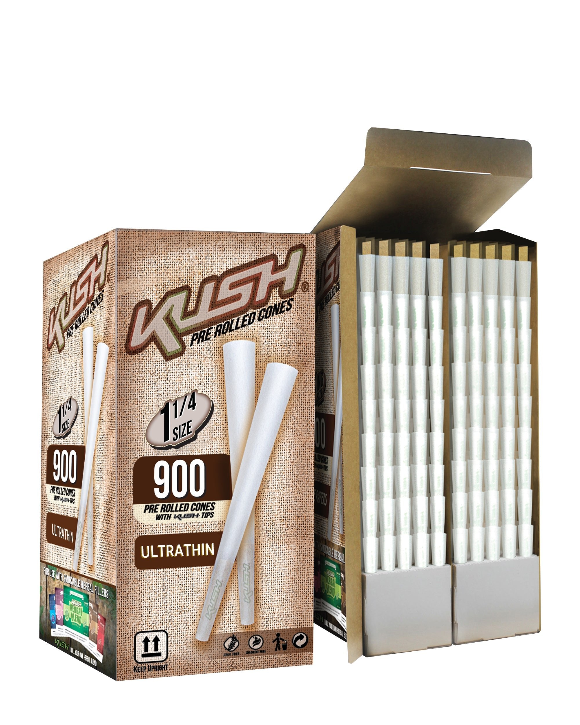 KUSH | Ultra Thin 1 1/4 Pre-Rolled Cones w/ Filter Tip | 84mm - Classic White Paper - 900 Count - 2