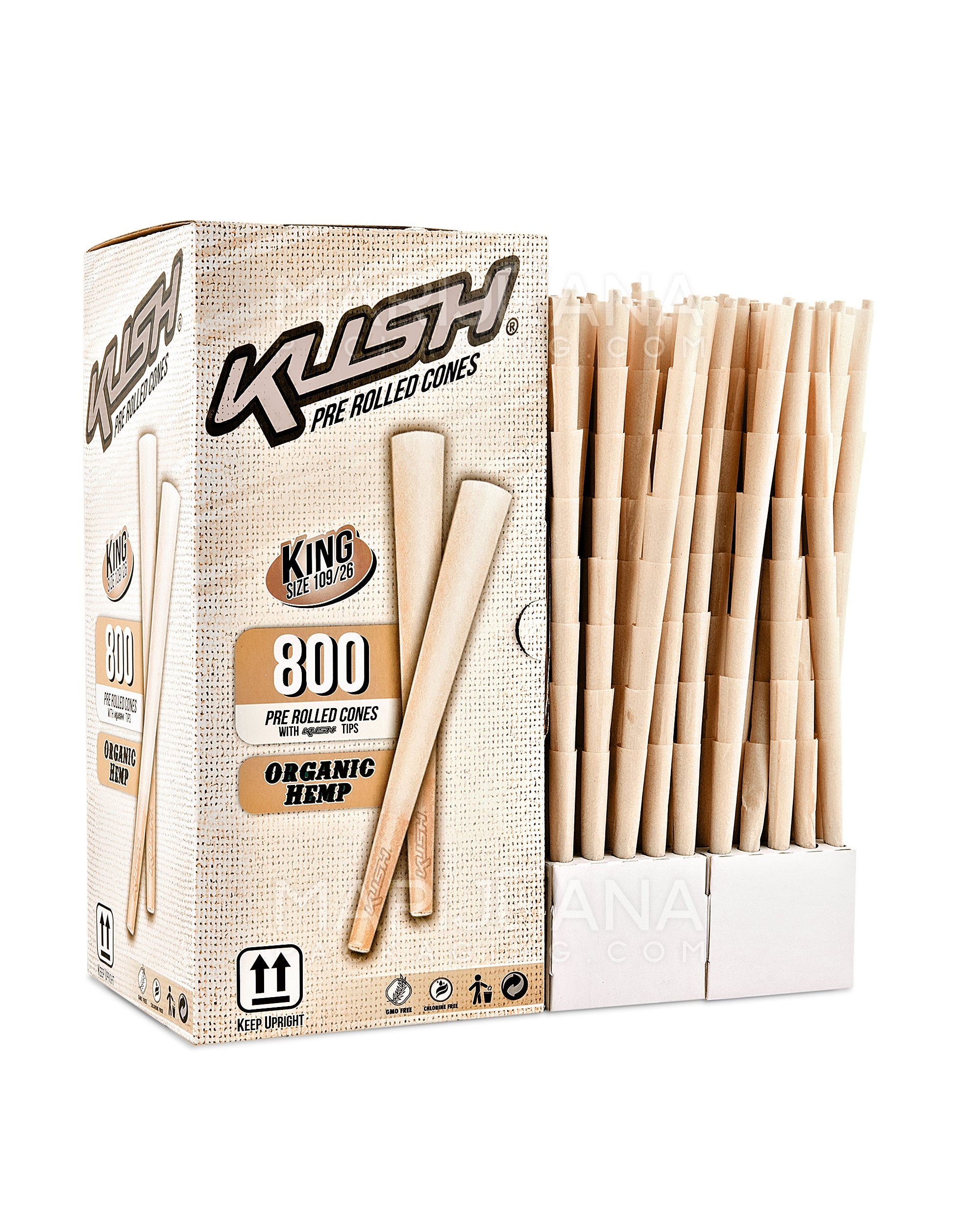 KUSH | Organic King Size Pre-Rolled Cones w/ Filter Tip | 109mm - Organic Hemp Paper - 800 Count