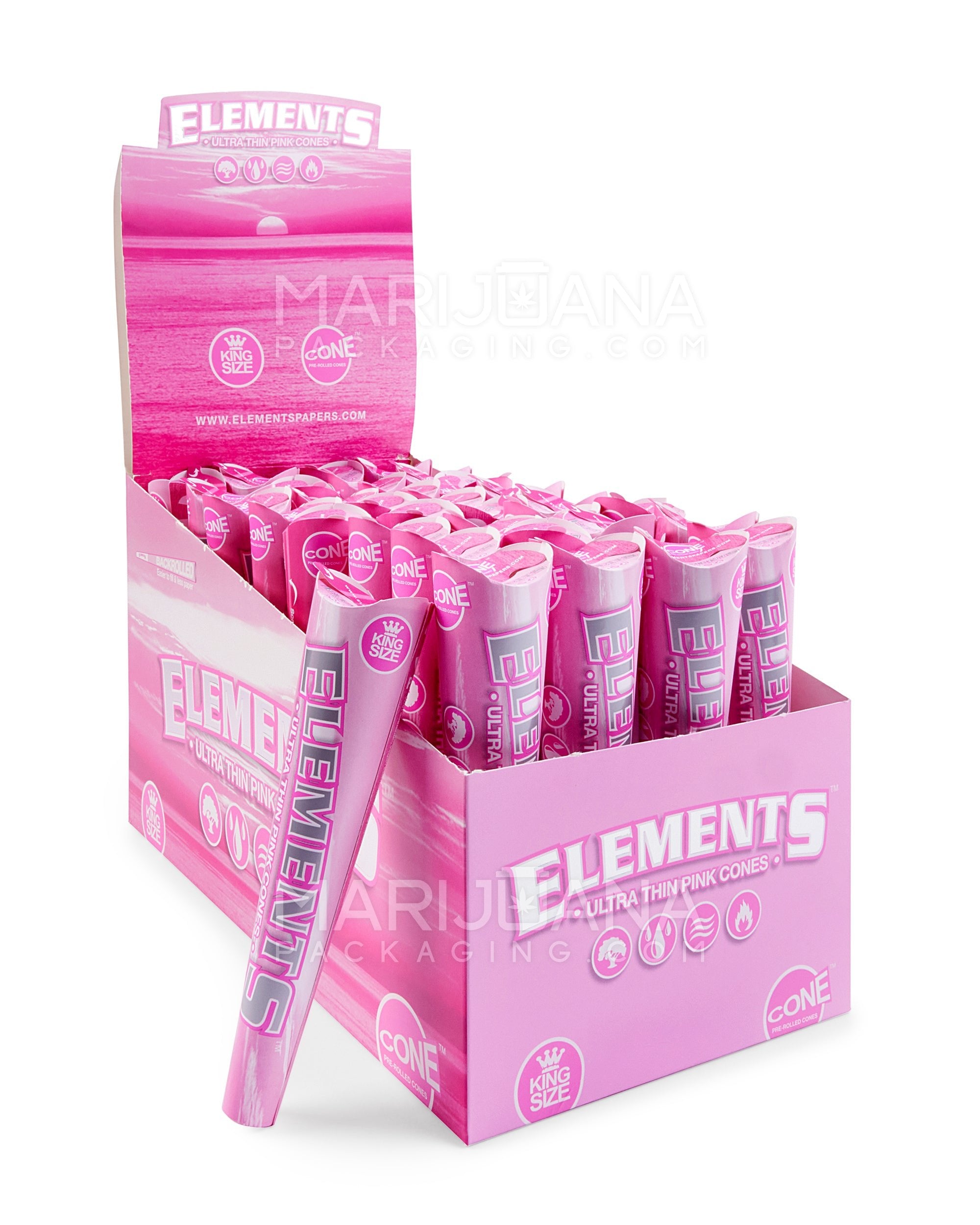 ELEMENTS | 'Retail Display' King Size Ultra Thin Pre-Rolled Cones | 109mm - Pink Rice Paper - 32 Count - 1