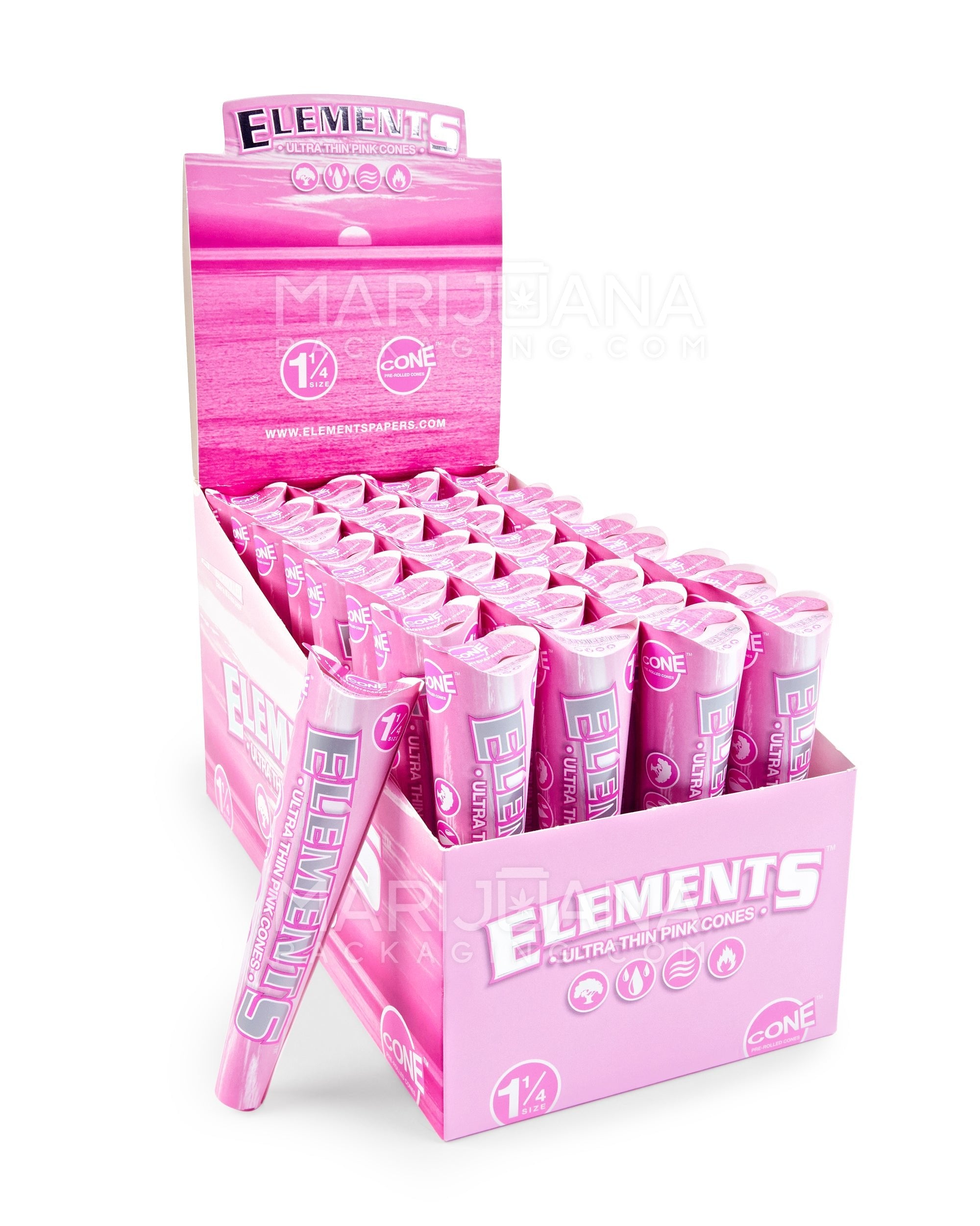 ELEMENTS | 'Retail Display' 1 1/4 Size Ultra Thin Pre-Rolled Cones | 84mm - Pink Rice Paper - 32 Count - 1