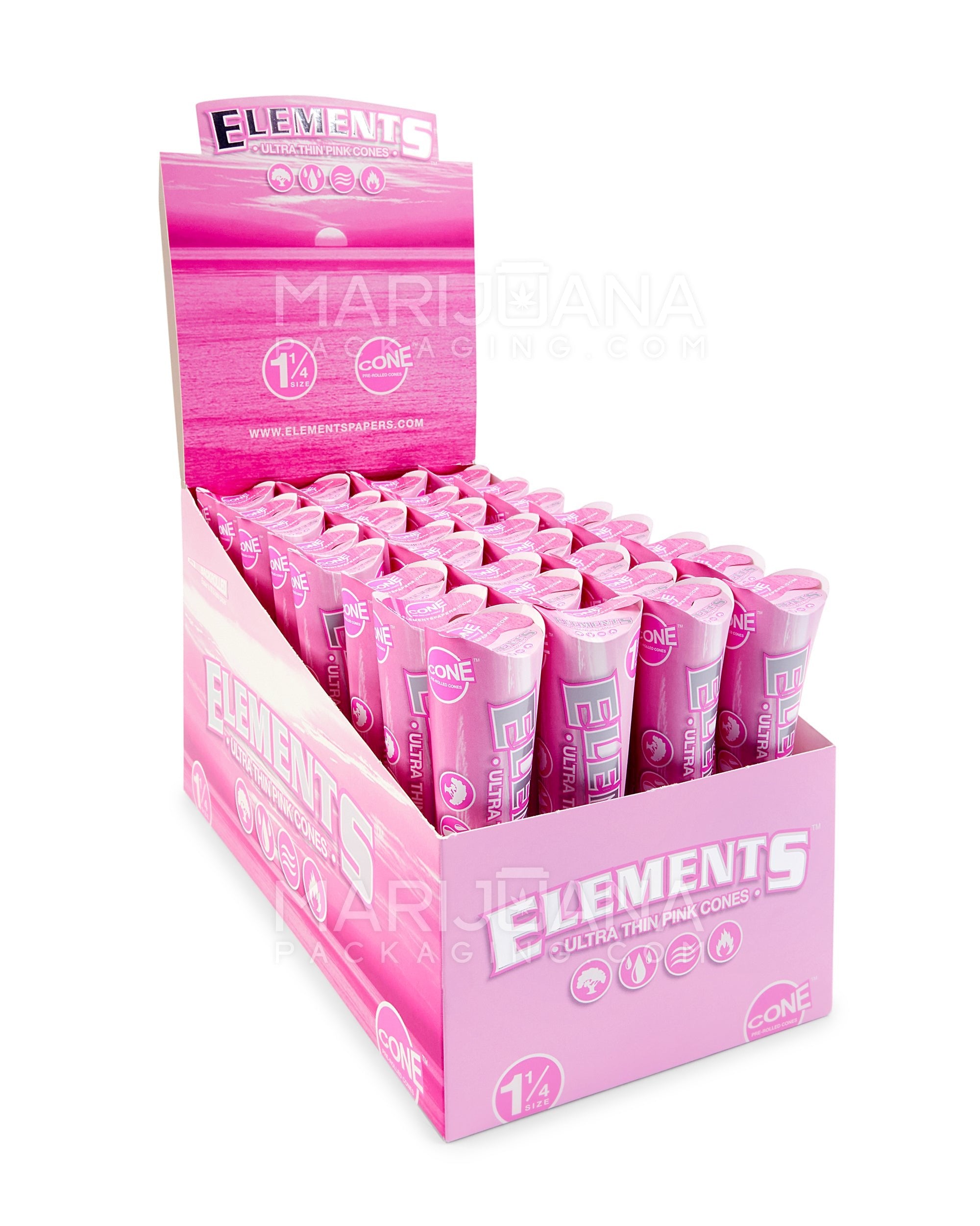 ELEMENTS | 'Retail Display' 1 1/4 Size Ultra Thin Pre-Rolled Cones | 84mm - Pink Rice Paper - 32 Count - 6