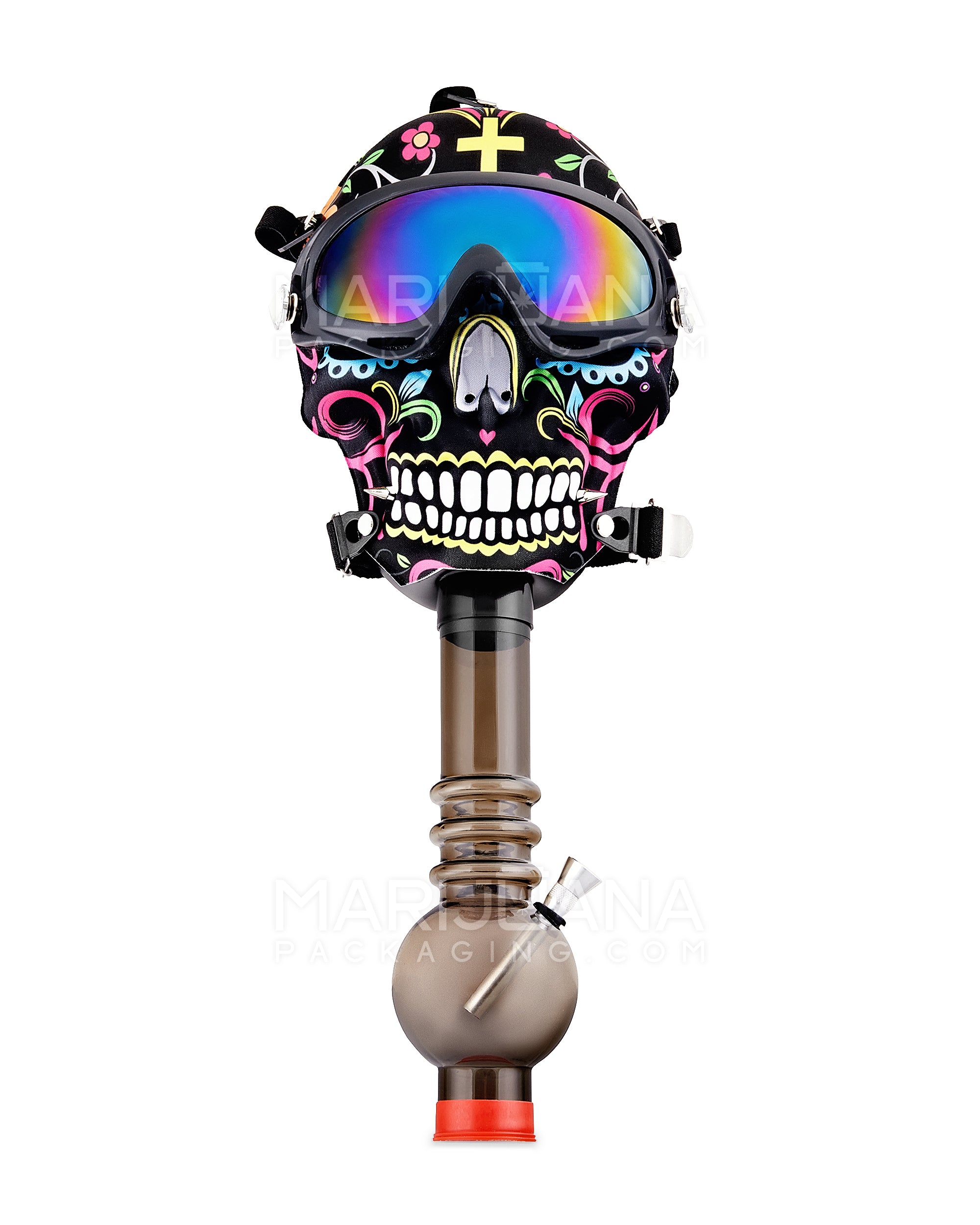 Sugar Skull Gas Mask Acrylic Water Pipe | 9in Tall - Grommet Bowl - Assorted