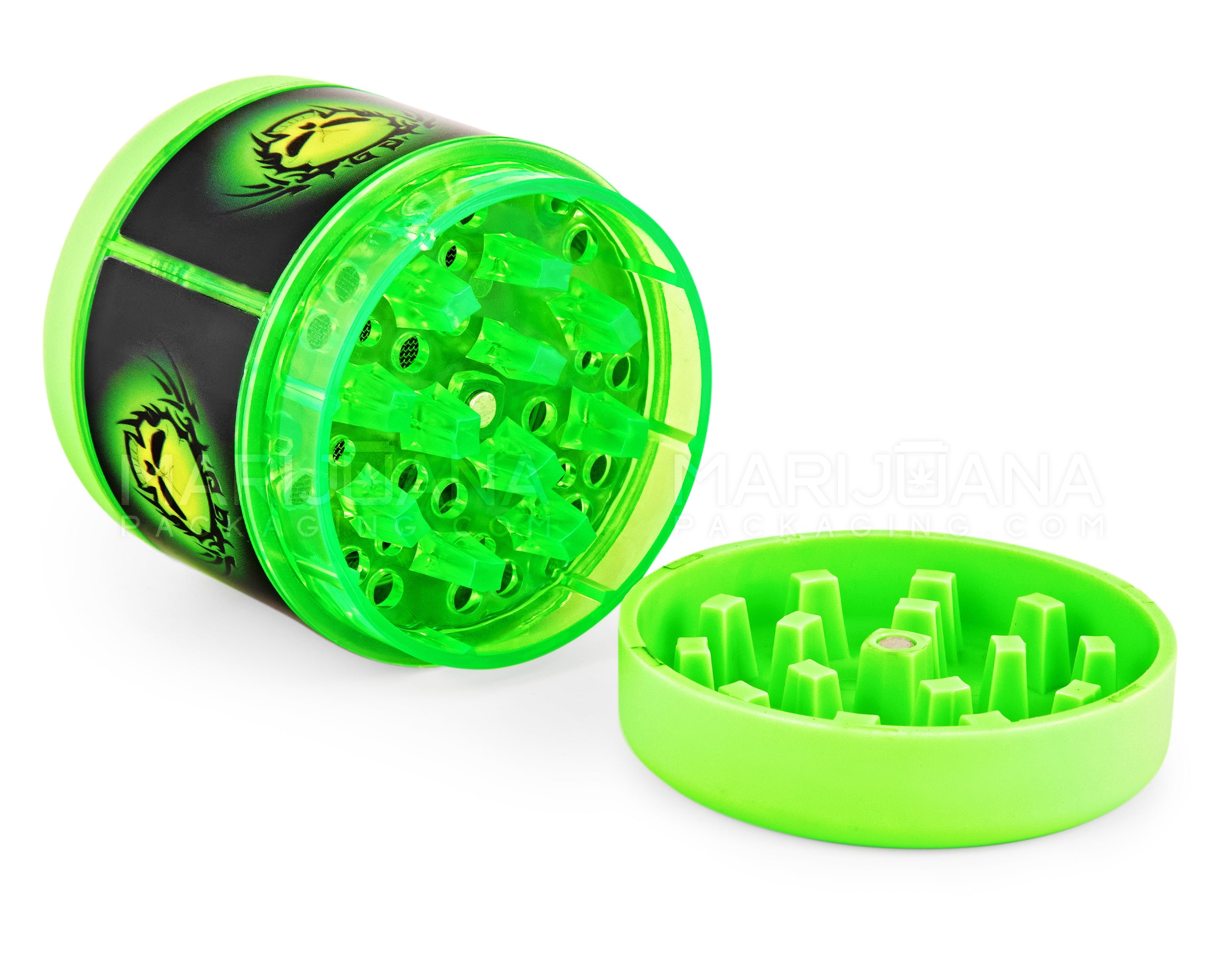 Skull Decal Magnetic Plastic Grinder w/ Screen Catcher | 4 Piece - 54mm - Green - 2