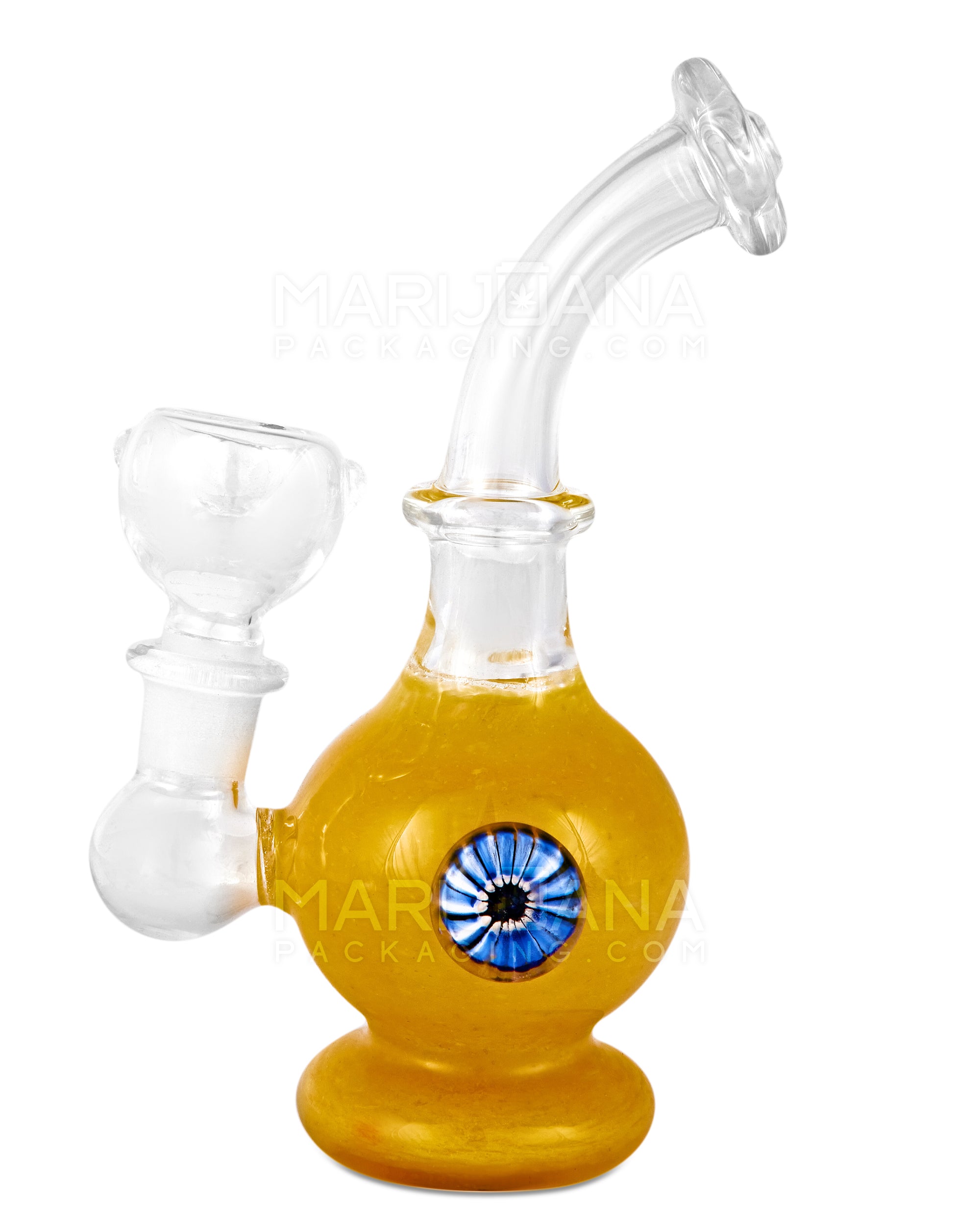 Bent Neck Frit Glass Egg Water Pipe w/ Implosion Handle | 6in Tall - 14mm Bowl - Yellow - 1