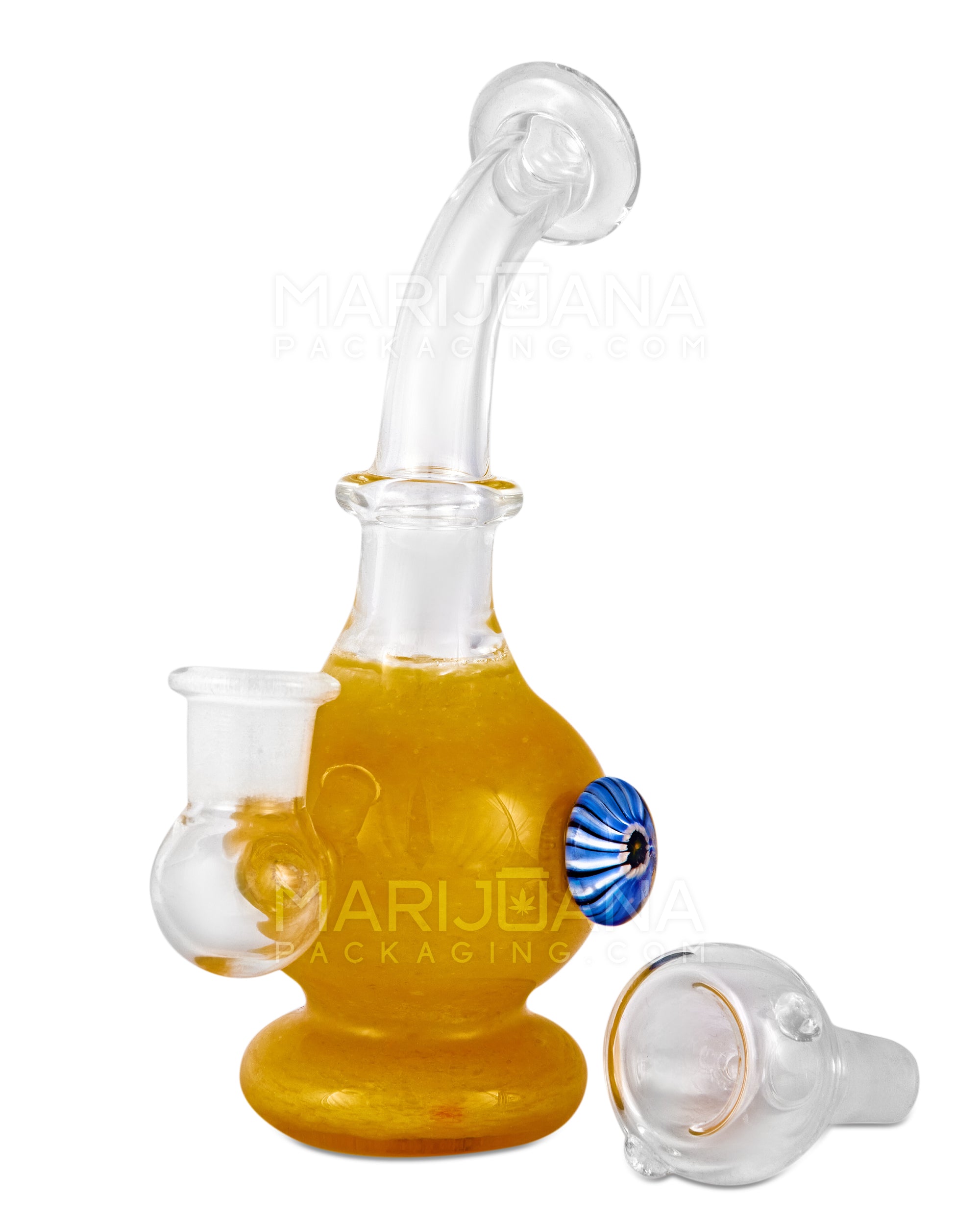 Bent Neck Frit Glass Egg Water Pipe w/ Implosion Handle | 6in Tall - 14mm Bowl - Yellow - 2