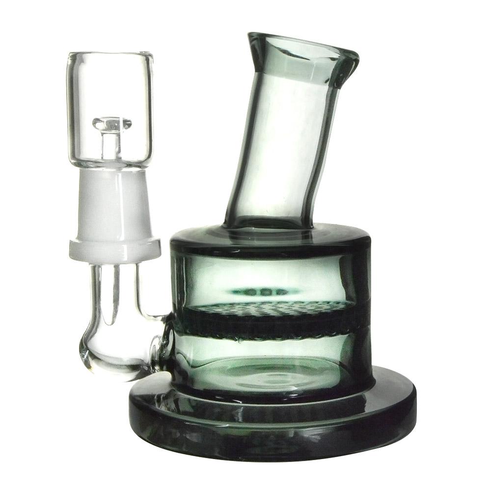 Angled Neck Honeycomb Perc Glass Dab Rig w/ Thick Base | 4in Tall - 14mm Dome & Nail - Black - 1