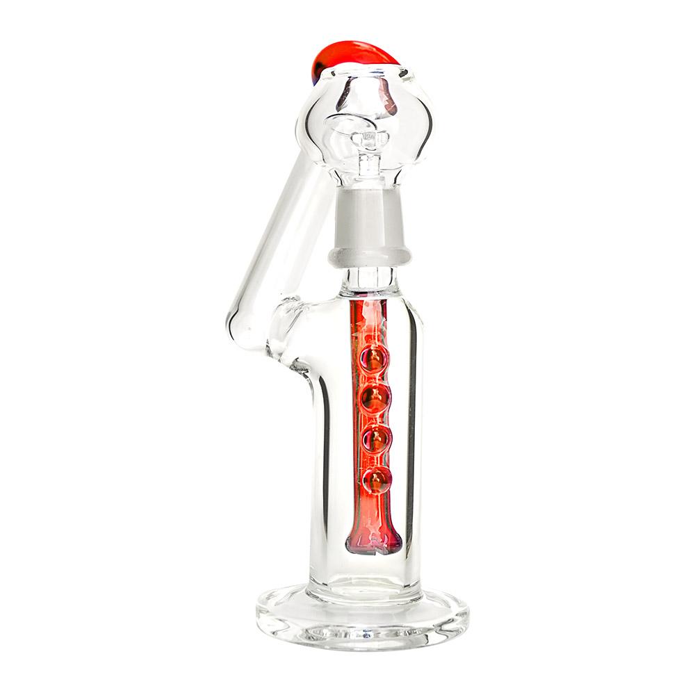 Angled Neck Glass Dab Rig w/ Multi Knockers & Thick Base | 5.5in Tall - 14mm Dome & Nail - Red - 4