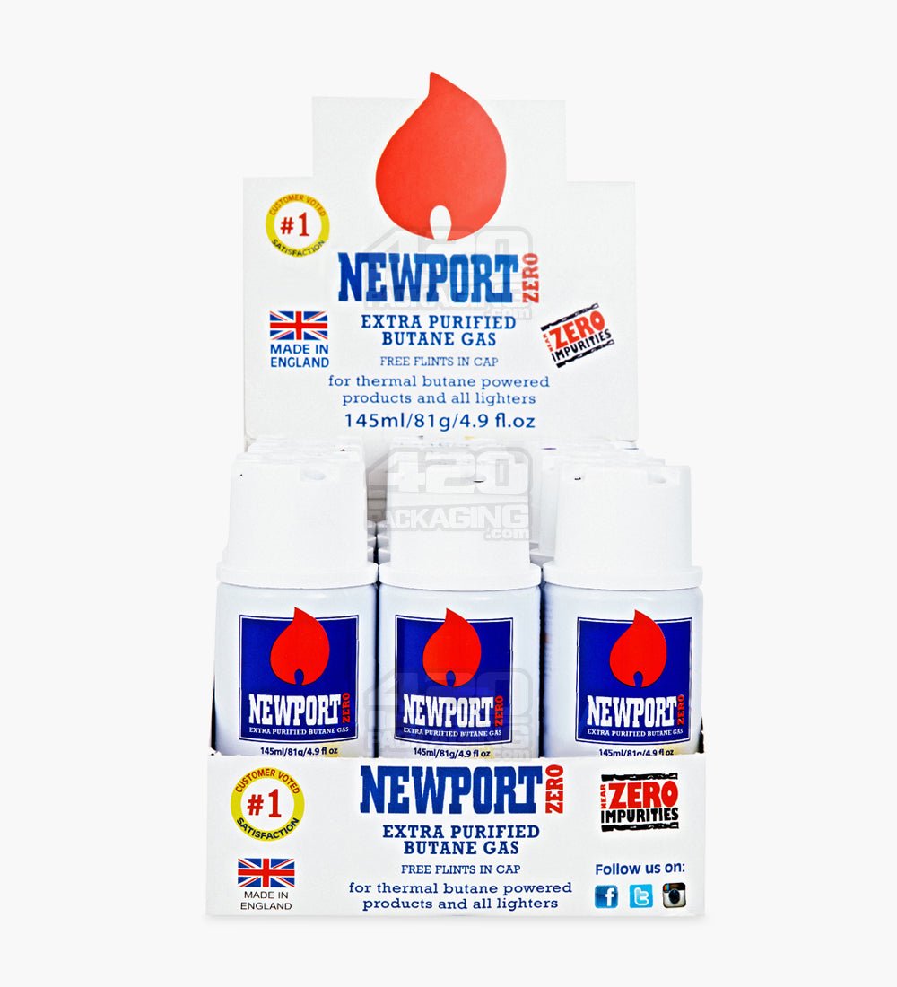 Newport Zero Extra Purified Butane 145mL BHO Canisters w/ Flints 12/Box - 1