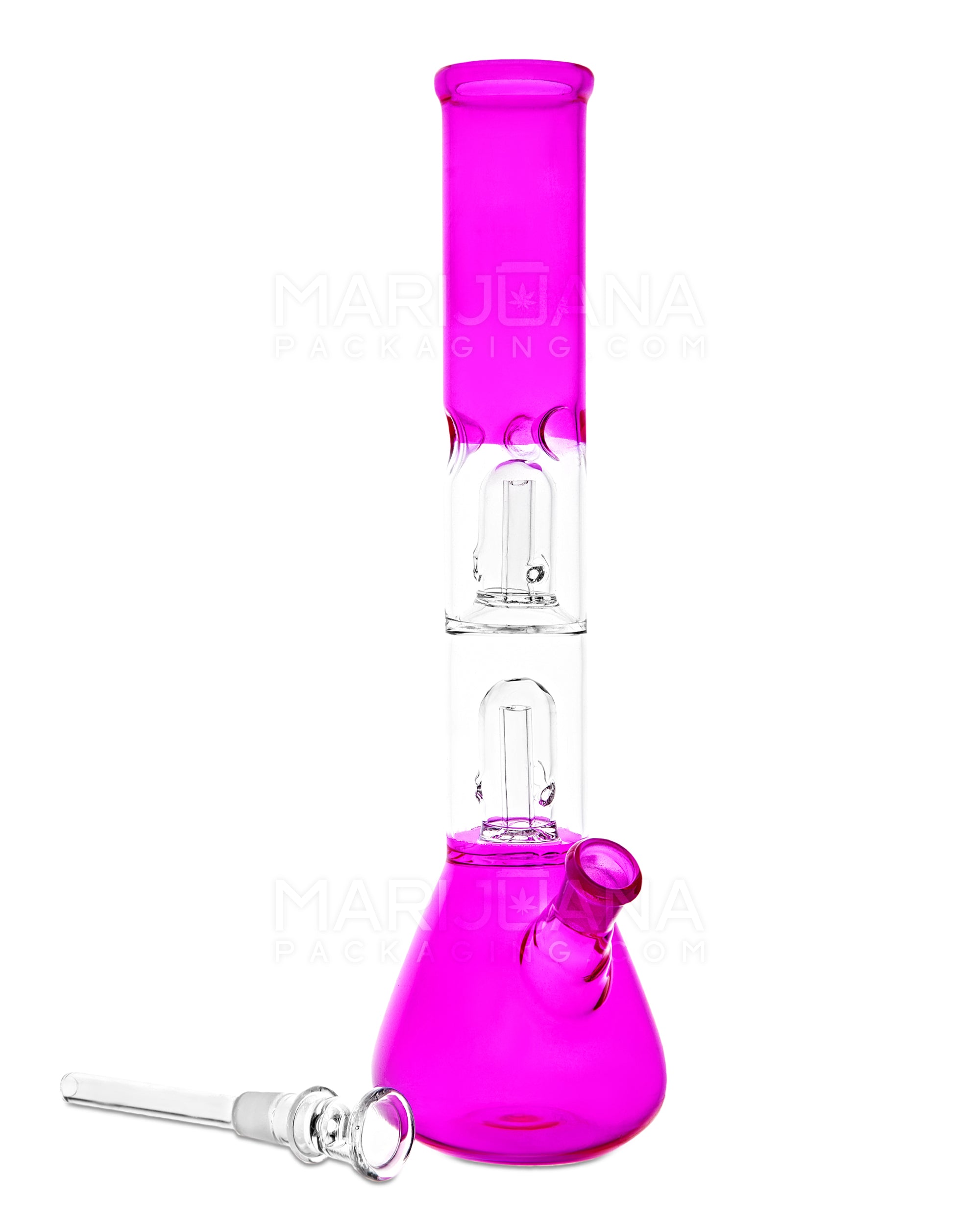 Double Chamber | Straight Neck Dome Perc Glass Beaker Water Pipe w/ Ice Catcher | 12in Tall - 14mm Bowl - Assorted - 3