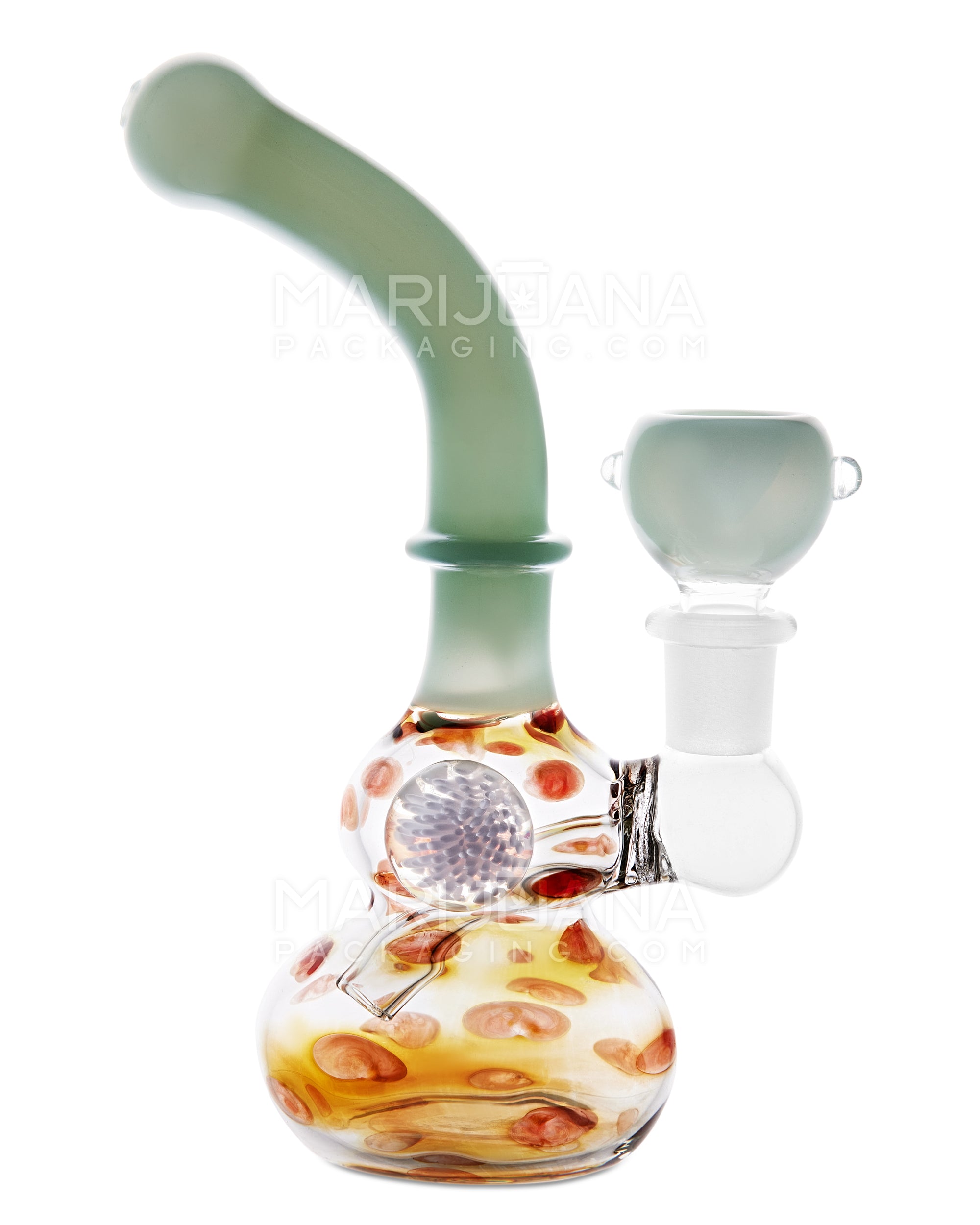 Bent Neck Speckled & Gold Fumed Glass Bulged Egg Water Pipe w/ Implosion Marble | 6.5in Tall - 14mm Bowl - Gold - 1