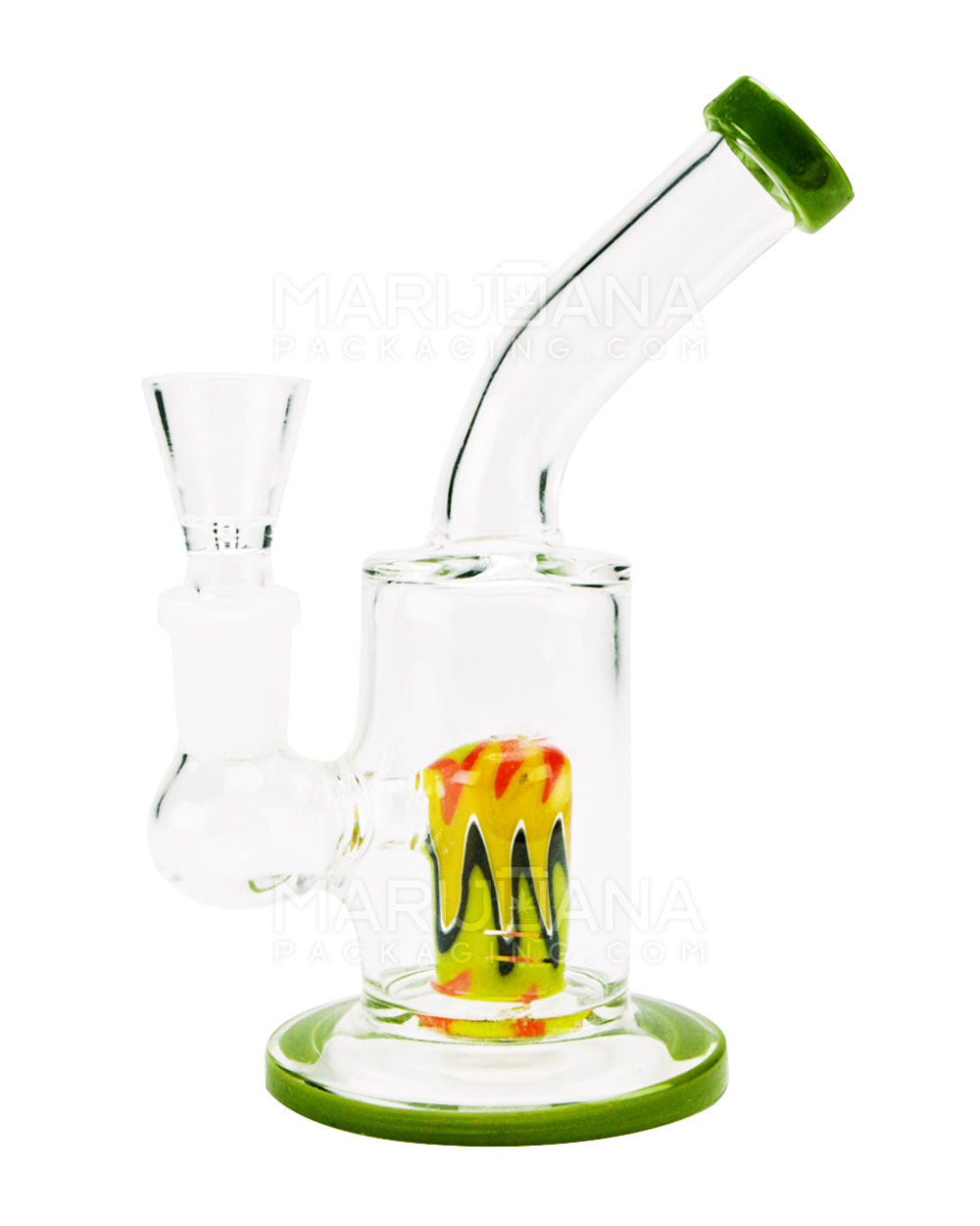 Bent Neck Painted Barrel Perc Glass Water Pipe w/ Thick Base | 6in Tall - 14mm Bowl - Assorted - 5