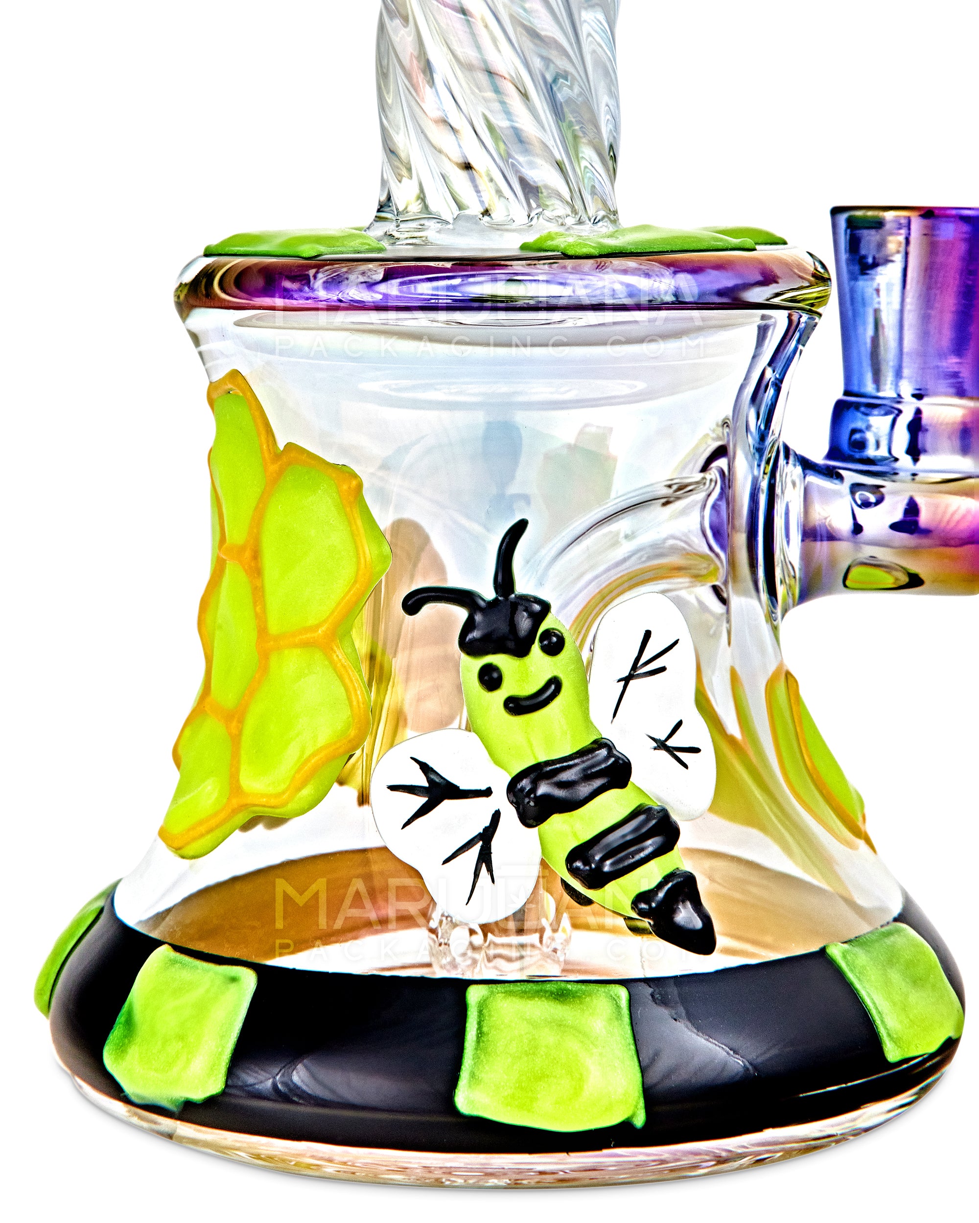Spiral Neck Diffused Perc Honey Bee Glass Bell Water Pipe | 8in Tall - 14mm Bowl - Iridescent - 2