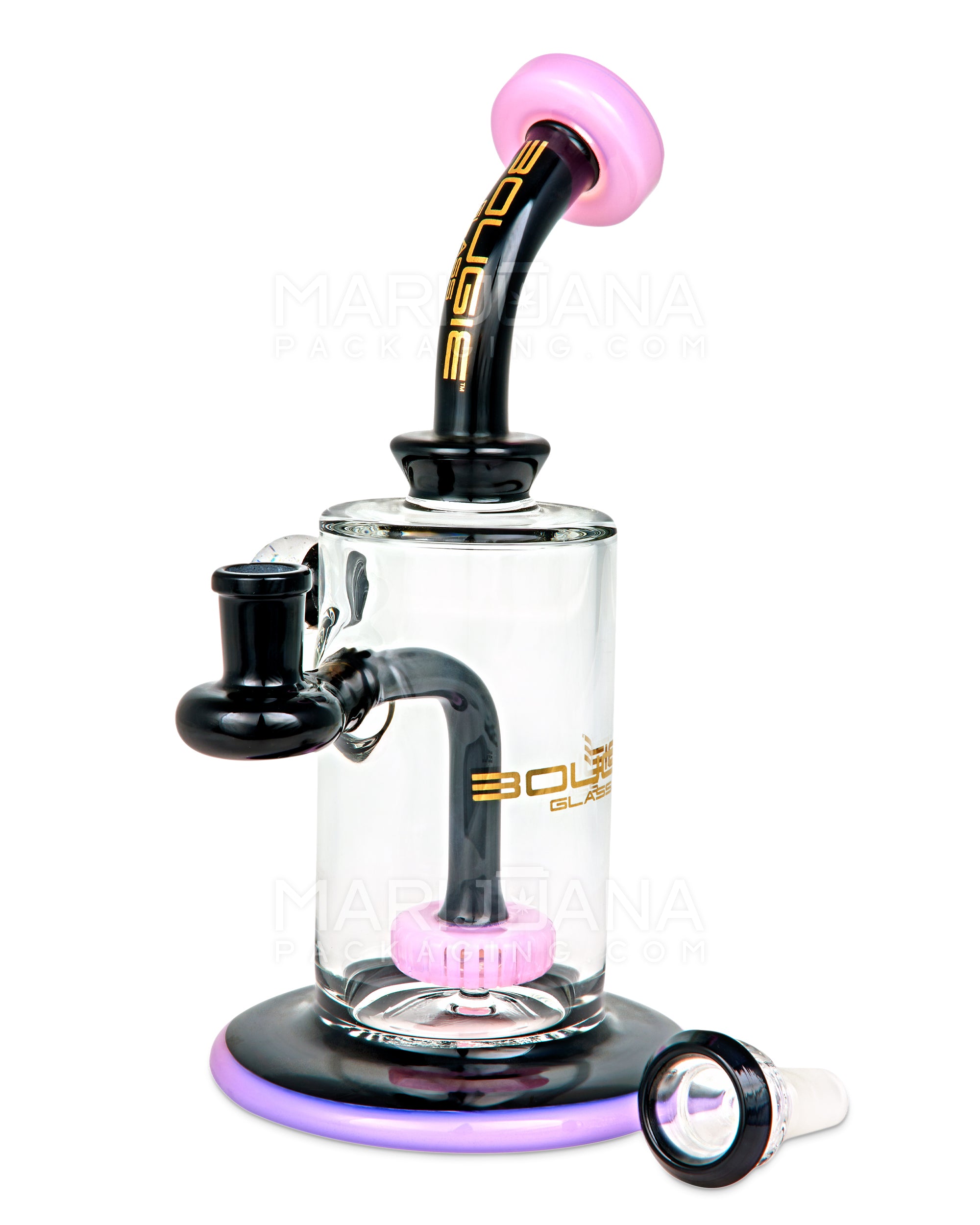 BOUGIE | Bent Neck Showerhead Perc Glass Straight Water Pipe w/ Dichro Marble | 9in Tall - 14mm Bowl - Pink - 3
