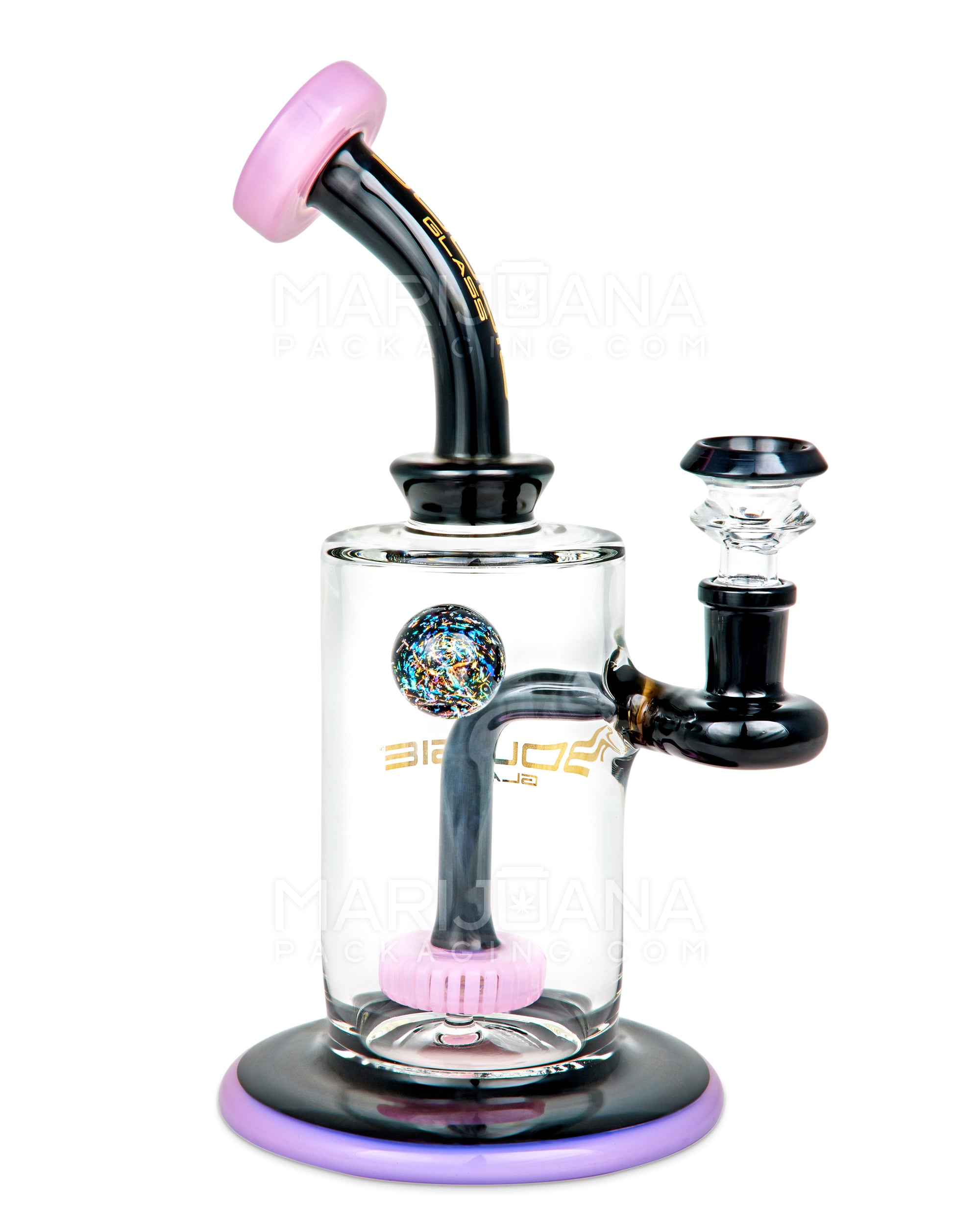 BOUGIE | Bent Neck Showerhead Perc Glass Straight Water Pipe w/ Dichro Marble | 9in Tall - 14mm Bowl - Pink - 5