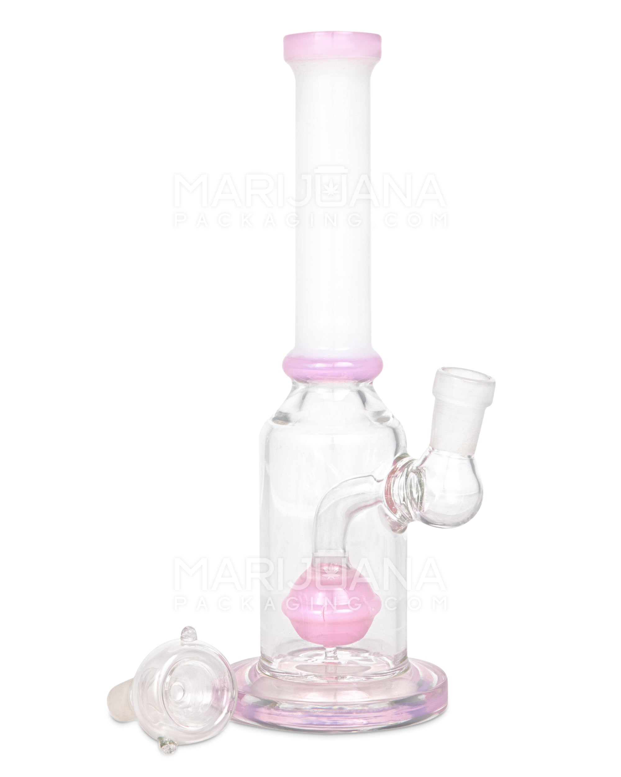 Straight Neck Orb Percolator Glass Straight Water Pipe w/ Thick Base | 10in Tall - 14mm Bowl - Milky Pink & White - 3
