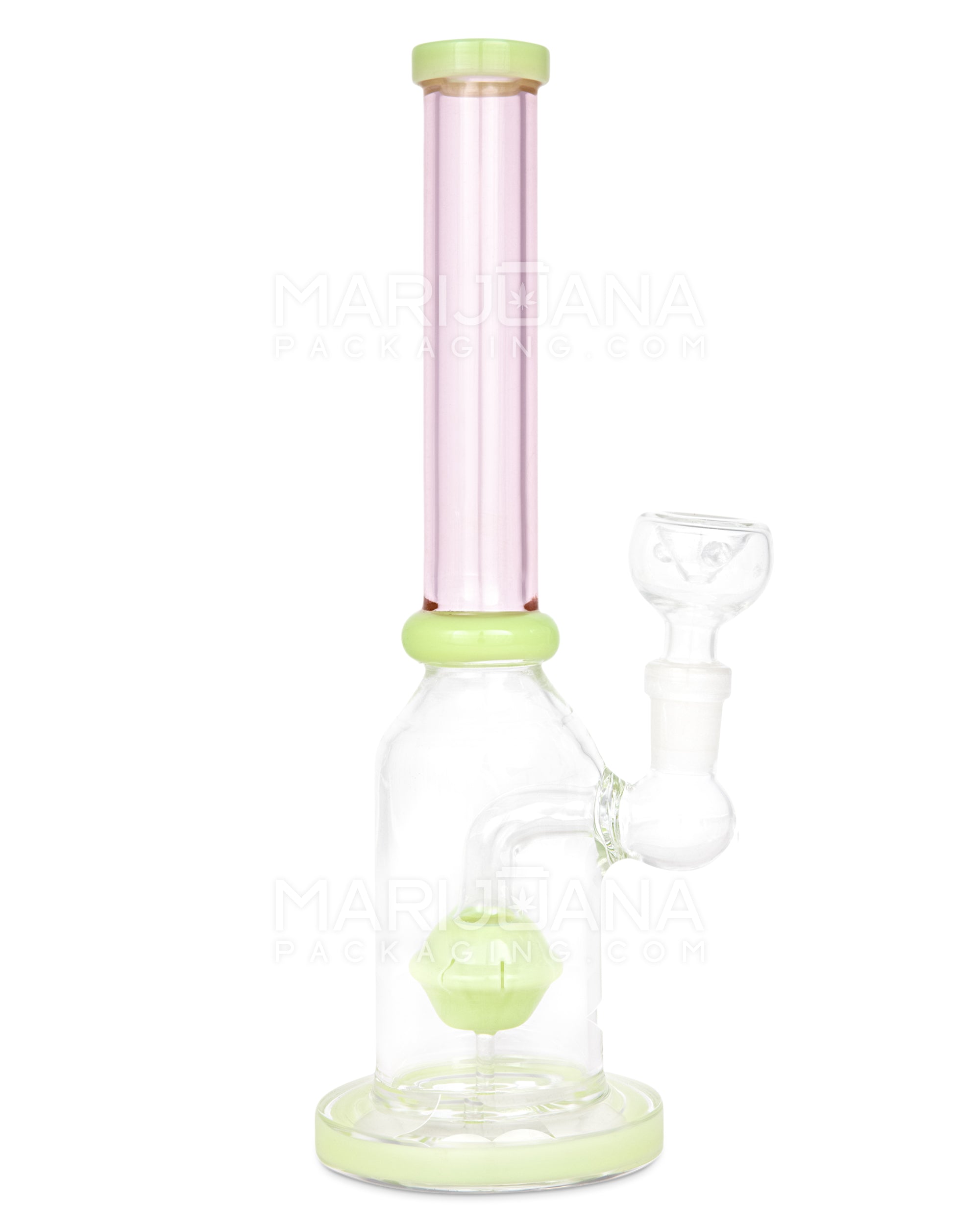 Orb Percolator Glass Straight Water Pipe w/ Thick Base | 10in Tall - 14mm Bowl - Slime & Pink - 1