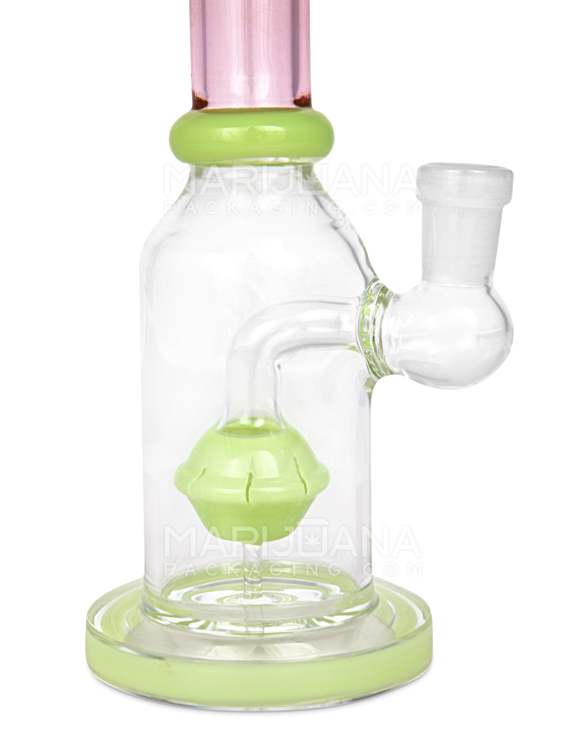 Orb Percolator Glass Straight Water Pipe w/ Thick Base | 10in Tall - 14mm Bowl - Slime & Pink - 3