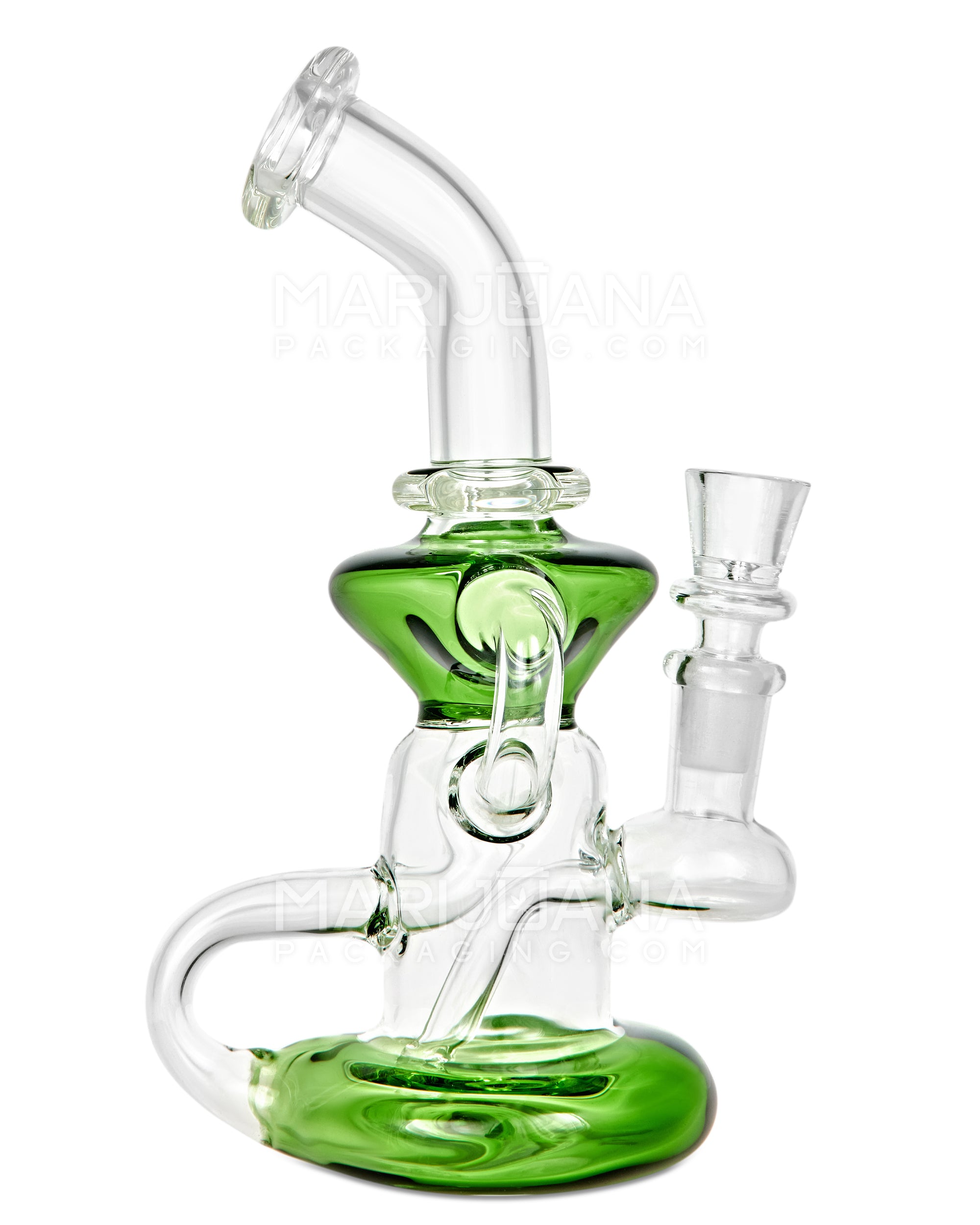 Bent Neck Diffused Perc Glass Water Pipe w/ Recycler | 8in Tall - 14mm Bowl - Green - 1