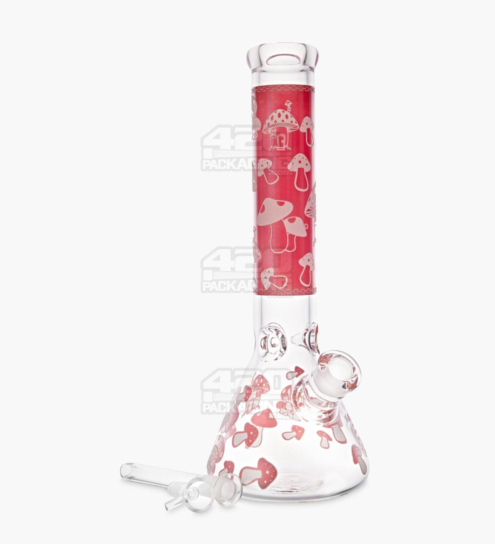 Straight Neck Mushroom Decal Glass Beaker Water Pipe w/ Ice Catcher | 14in Tall - 14mm Bowl - Red - 2