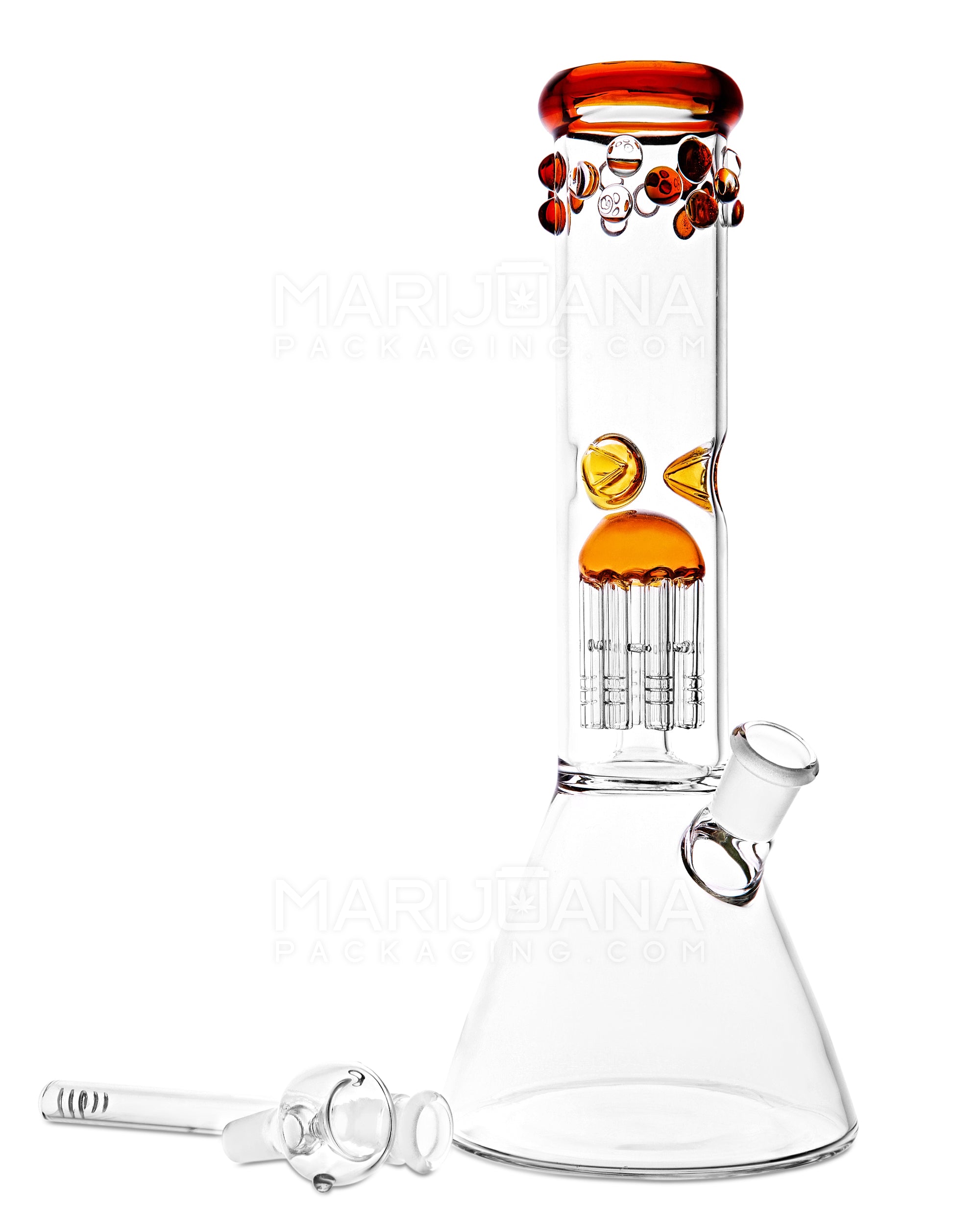 Straight Neck Tree Perc Thick Glass Beaker Water Pipe w/ Ice Catcher | 12in Tall - 14mm Bowl - Amber - 2