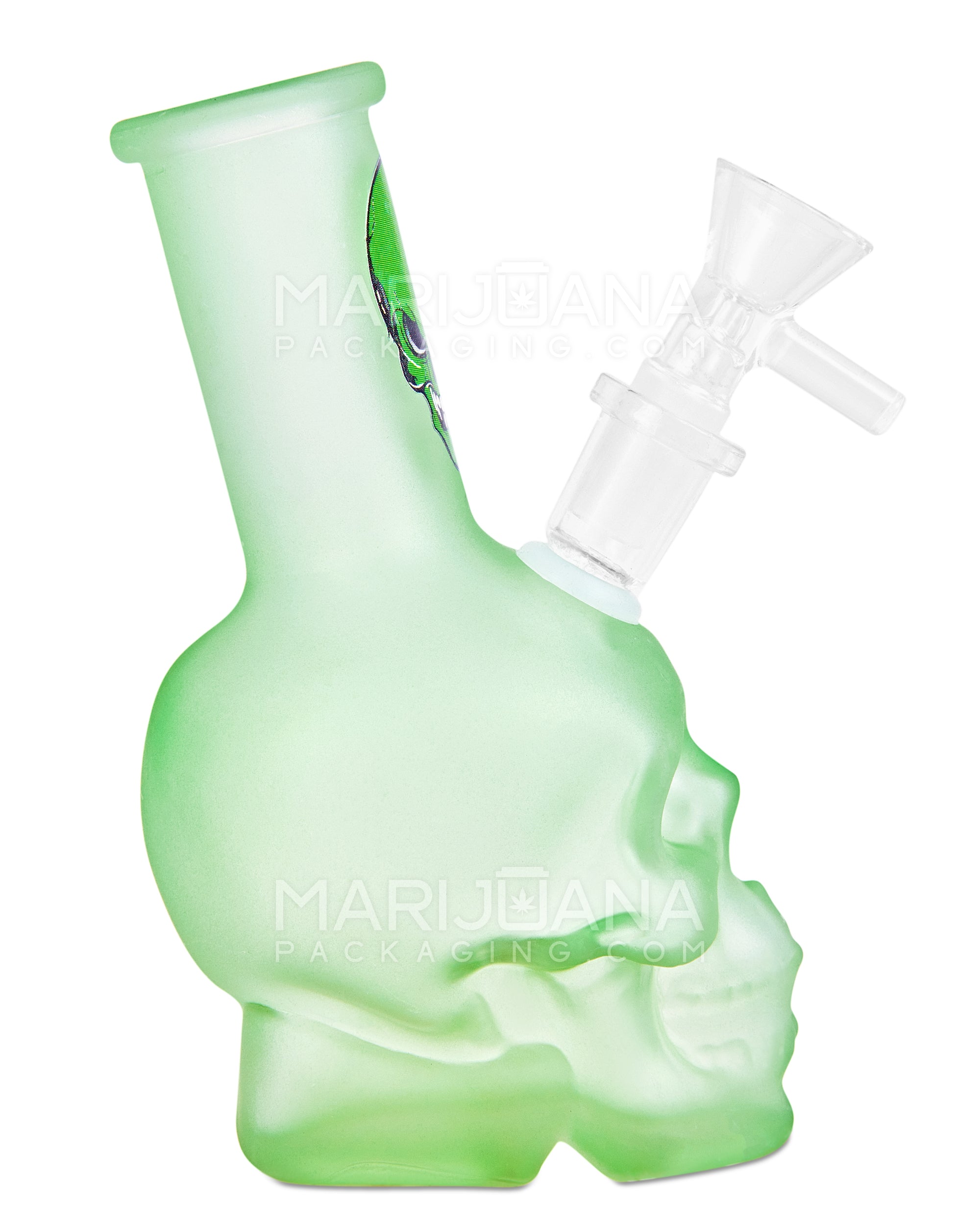 Angled Neck Crystal Skull Head Decal Glass Water Pipe | 6in Tall - 14mm Bowl - Assorted - 12