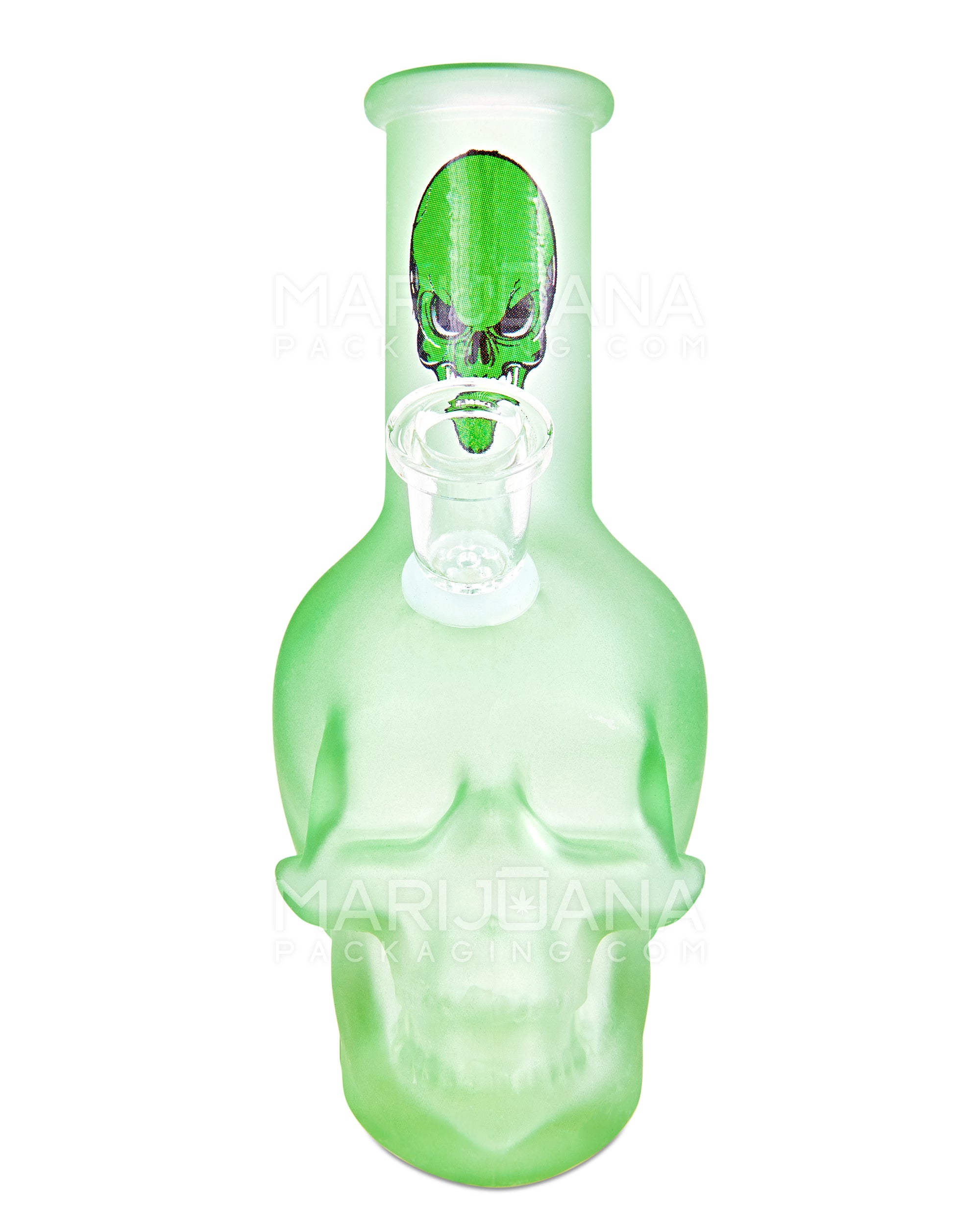 Angled Neck Crystal Skull Head Decal Glass Water Pipe | 6in Tall - 14mm Bowl - Assorted - 14