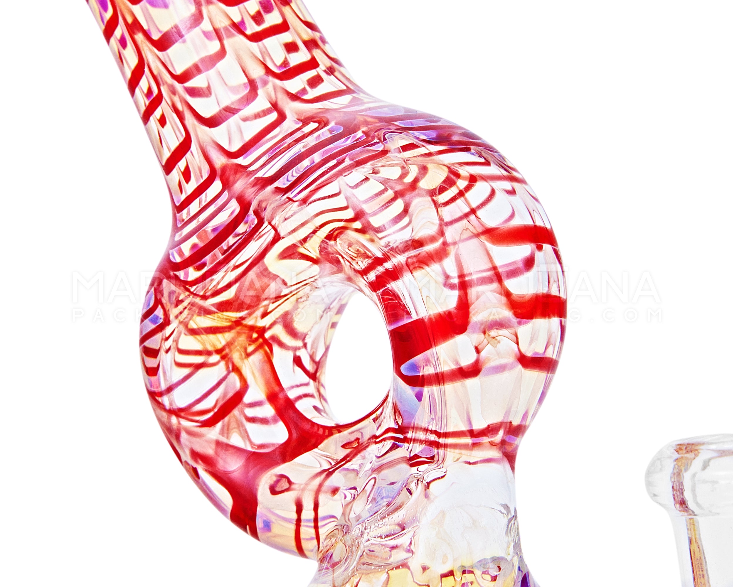 Bent Donut Neck Raked & Gold Fumed Glass Beaker Water Pipe | 7in Tall - 14mm Bowl - Red - 3