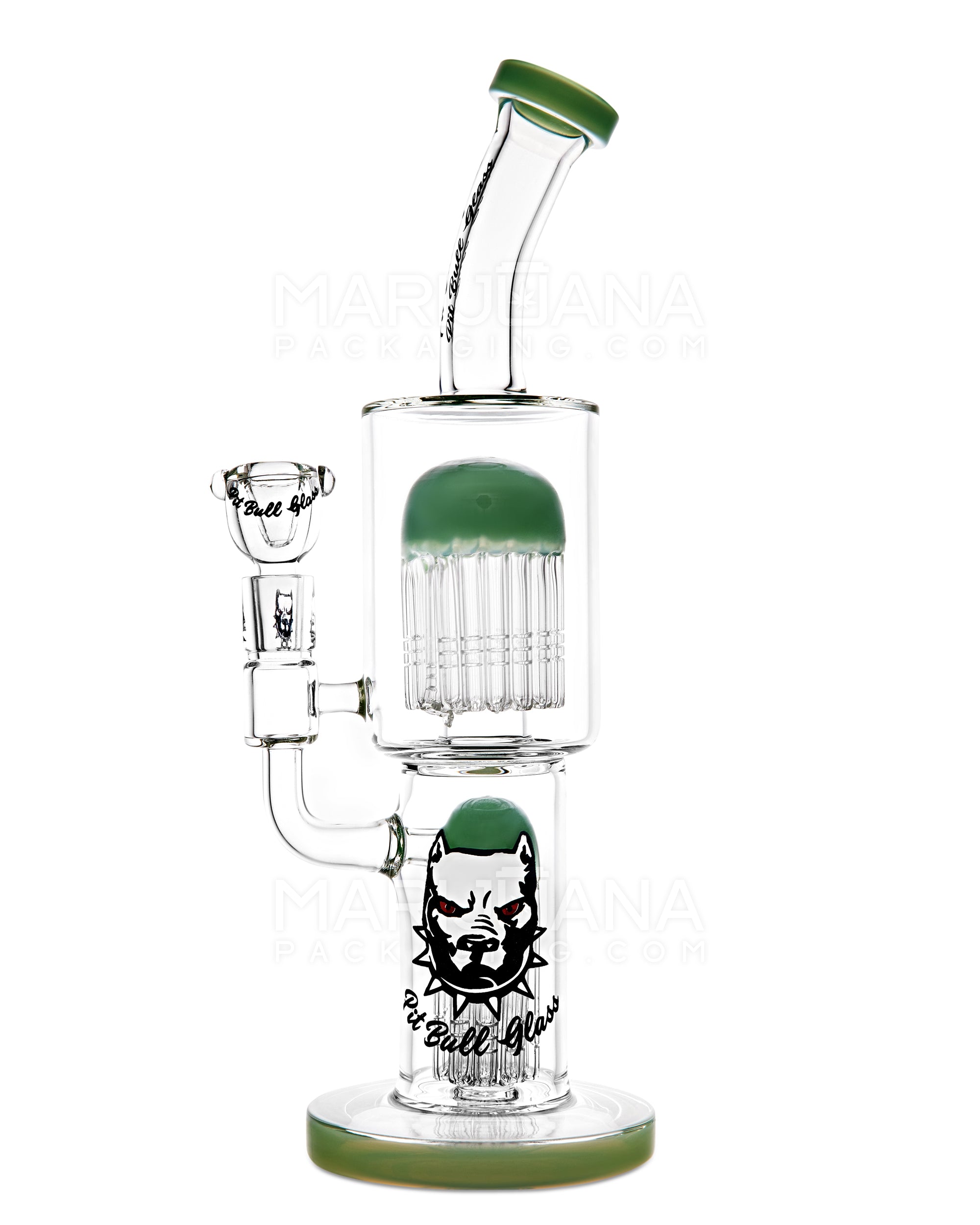 PIT BULL | Bent-Neck Double Tree Perc Glass Water Pipe w/ Thick Base | 12in Tall - 14mm Bowl - Jade - 1